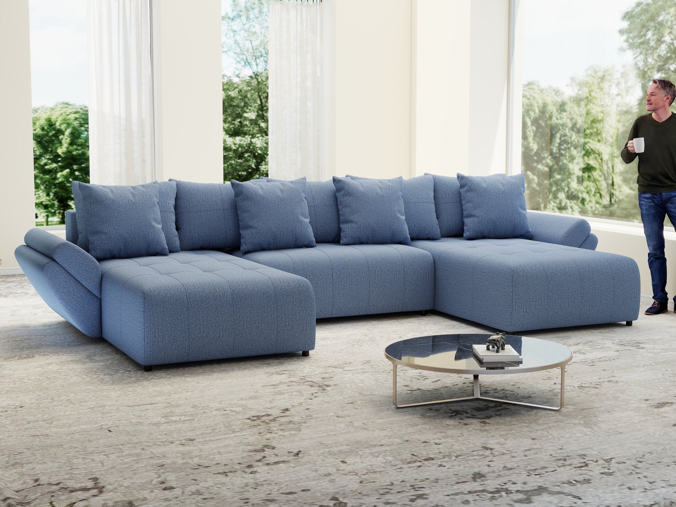 Colțar extensibil dumonde cu ladă de depozitare si sezut confortabil din spuma high-density, Berlin U Enjoy Blue 380x180 cm