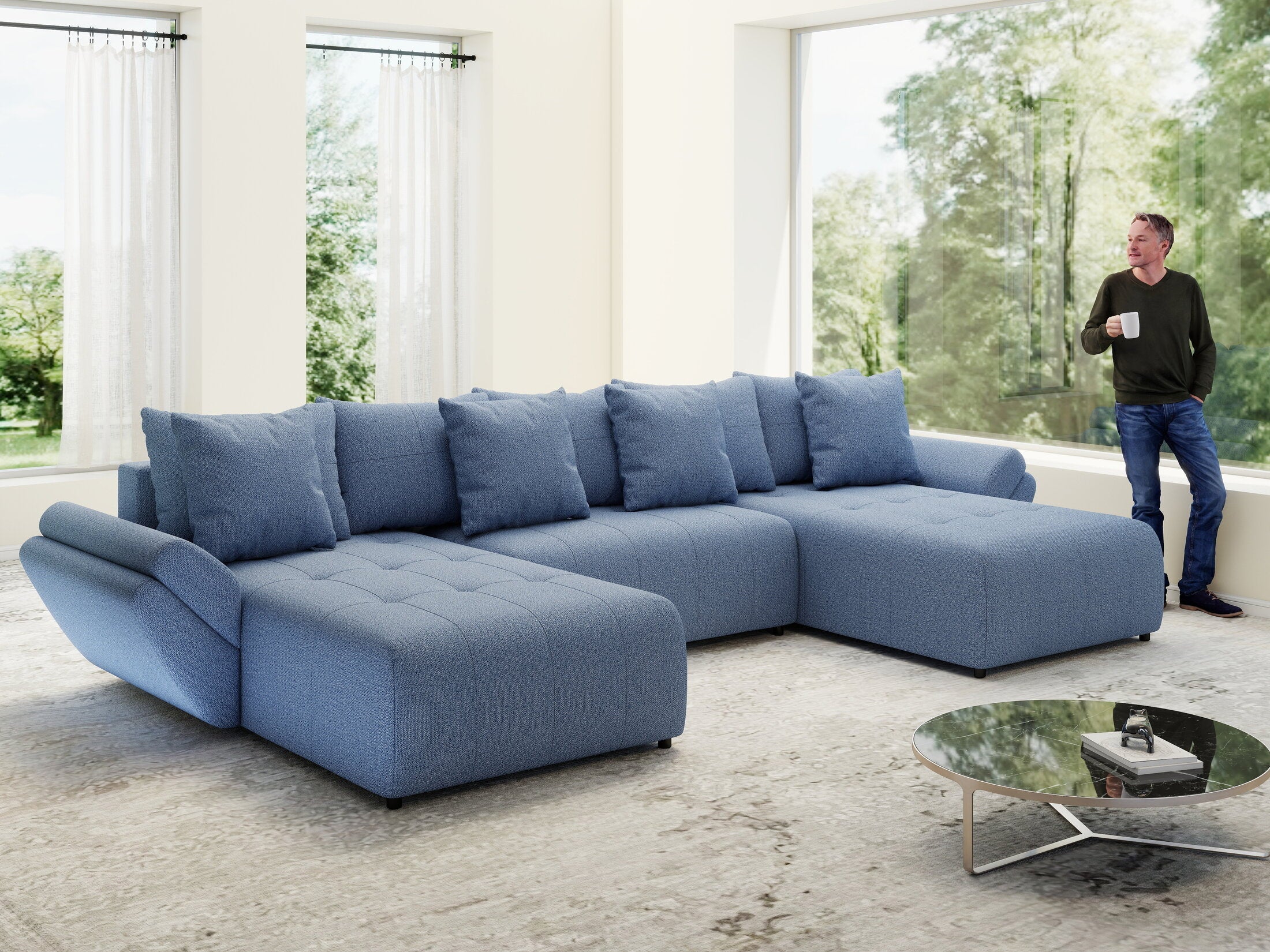 Colțar extensibil dumonde cu ladă de depozitare si sezut confortabil din spuma high-density, Berlin U Enjoy Blue 380x180 cm