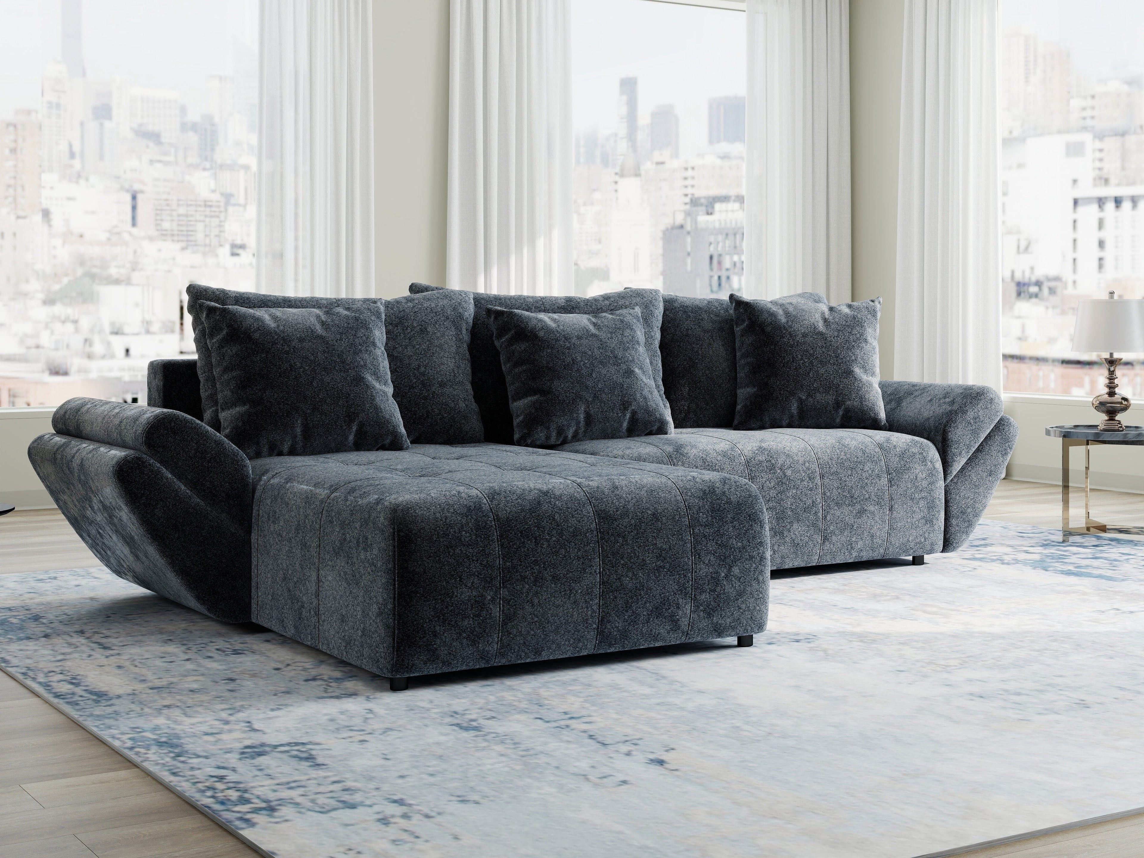 Colțar extensibil dumonde cu ladă de depozitare si sezut confortabil din spuma high-density, Berlin Euphoria Gri Grafit 280x185 cm