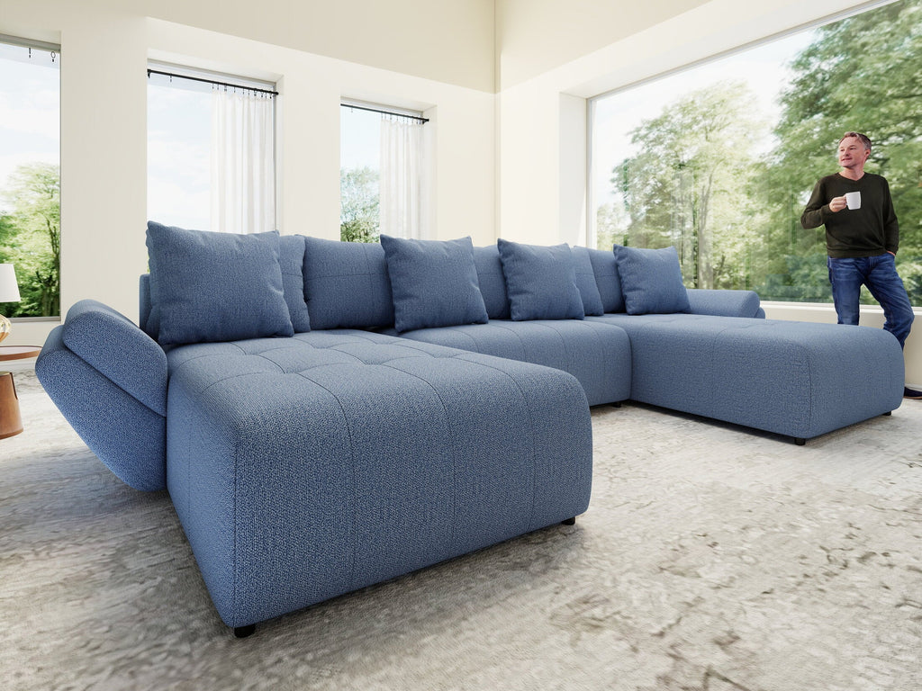 Colțar extensibil dumonde cu ladă de depozitare si sezut confortabil din spuma high-density, Berlin U Enjoy Blue 380x180 cm