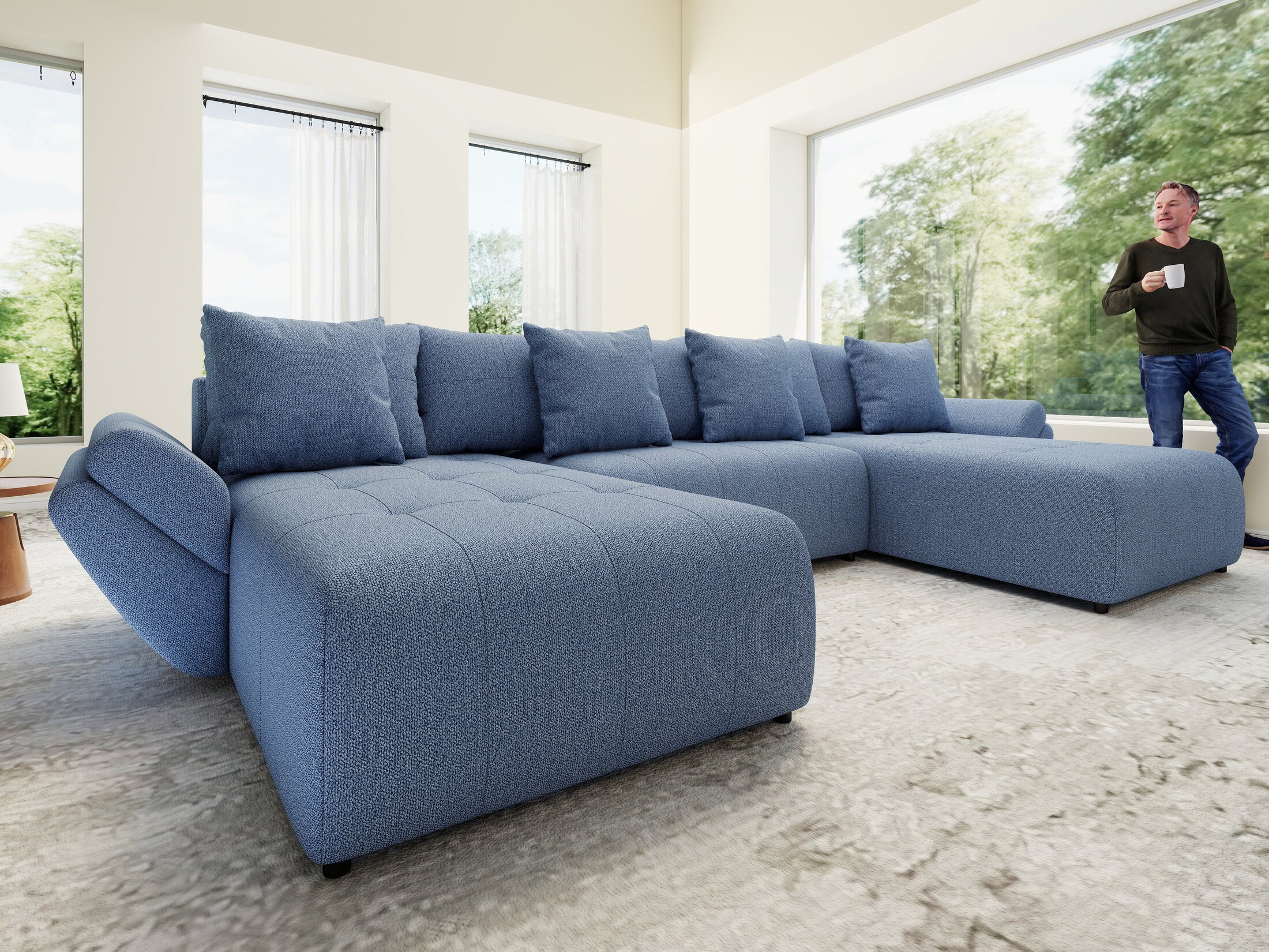 Colțar extensibil dumonde cu ladă de depozitare si sezut confortabil din spuma high-density, Berlin U Enjoy Blue 380x180 cm