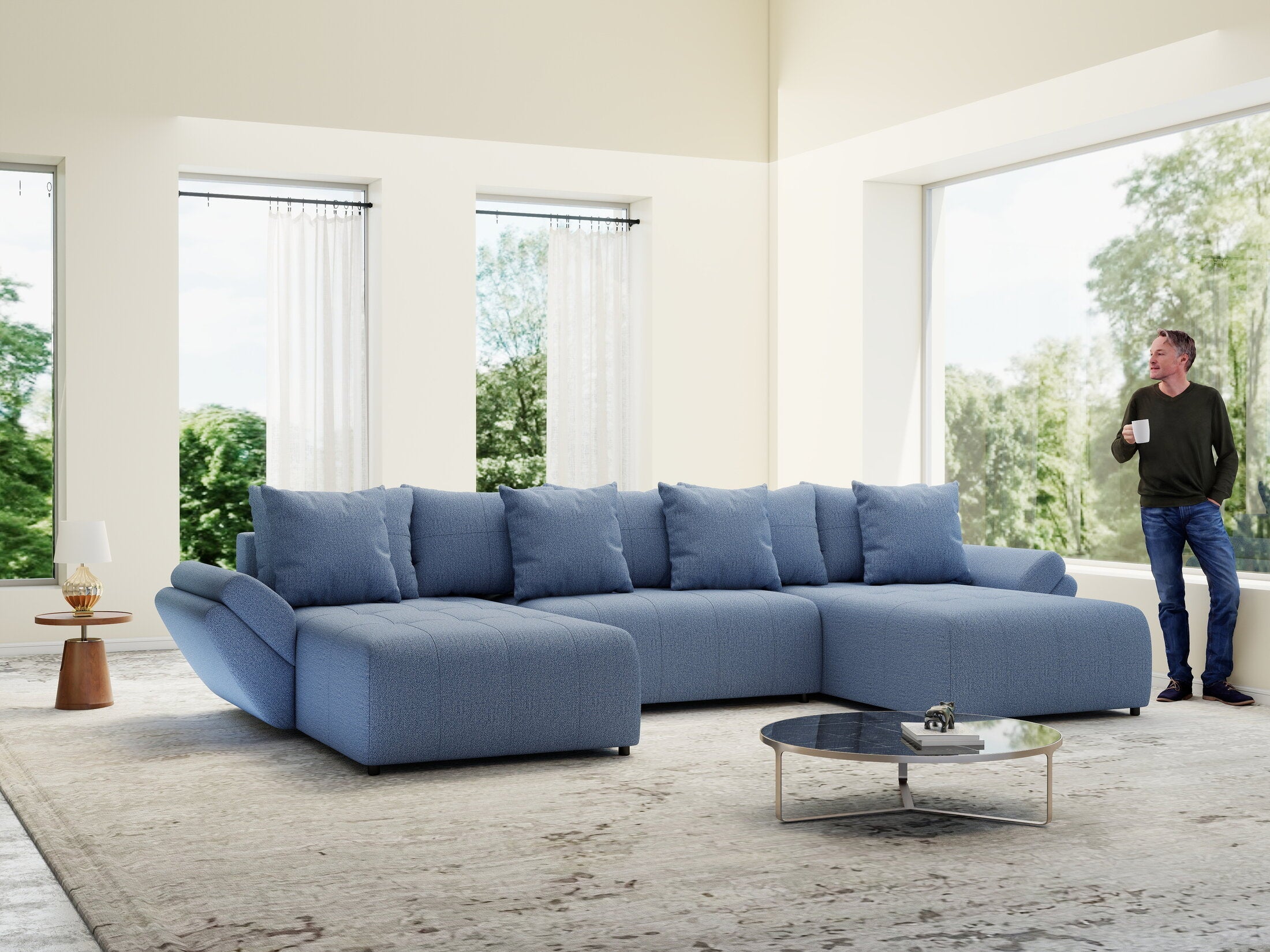Colțar extensibil dumonde cu ladă de depozitare si sezut confortabil din spuma high-density, Berlin U Enjoy Blue 380x180 cm