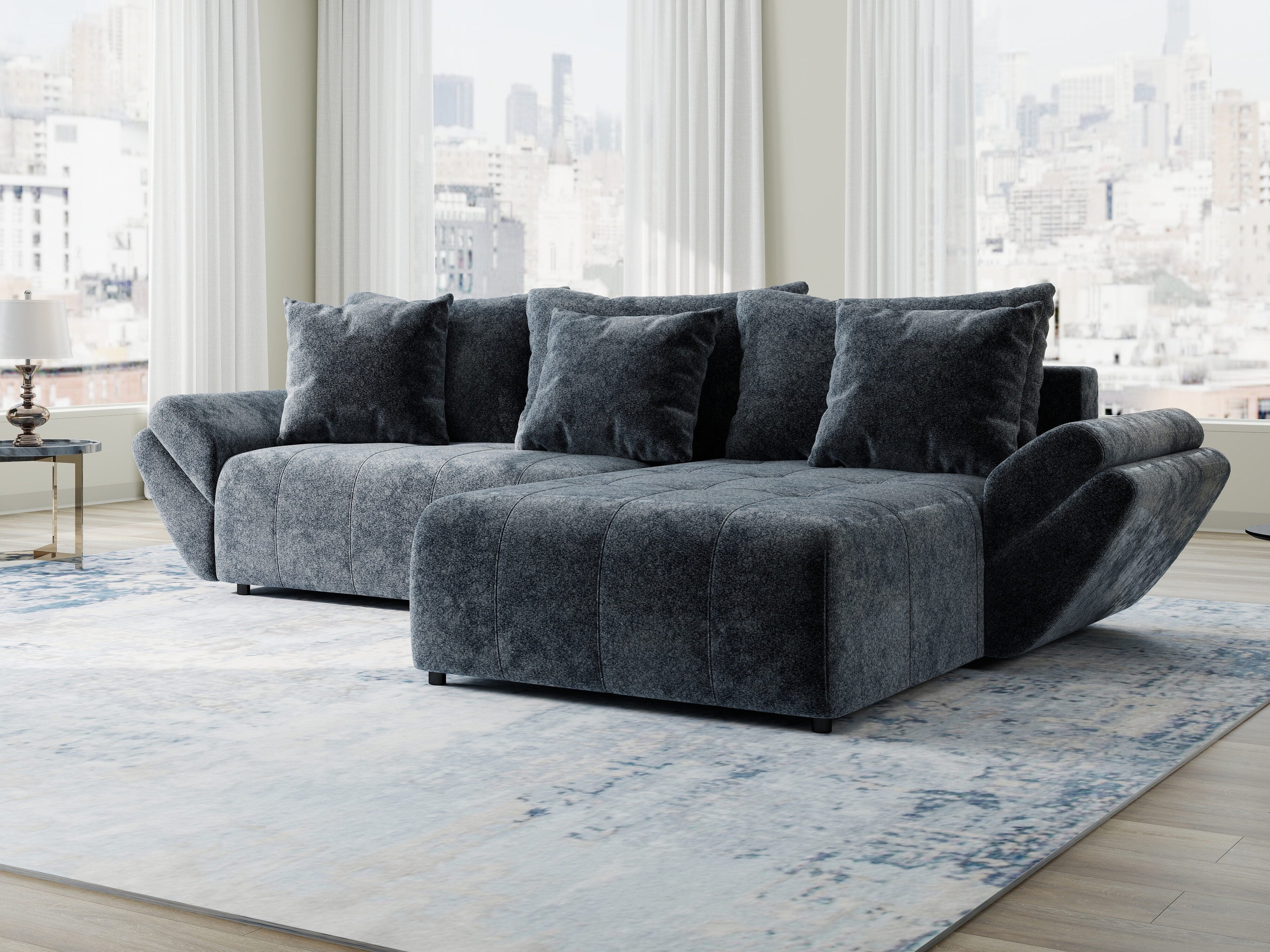Colțar extensibil dumonde cu ladă de depozitare si sezut confortabil din spuma high-density, Berlin Euphoria Gri Grafit 280x185 cm II