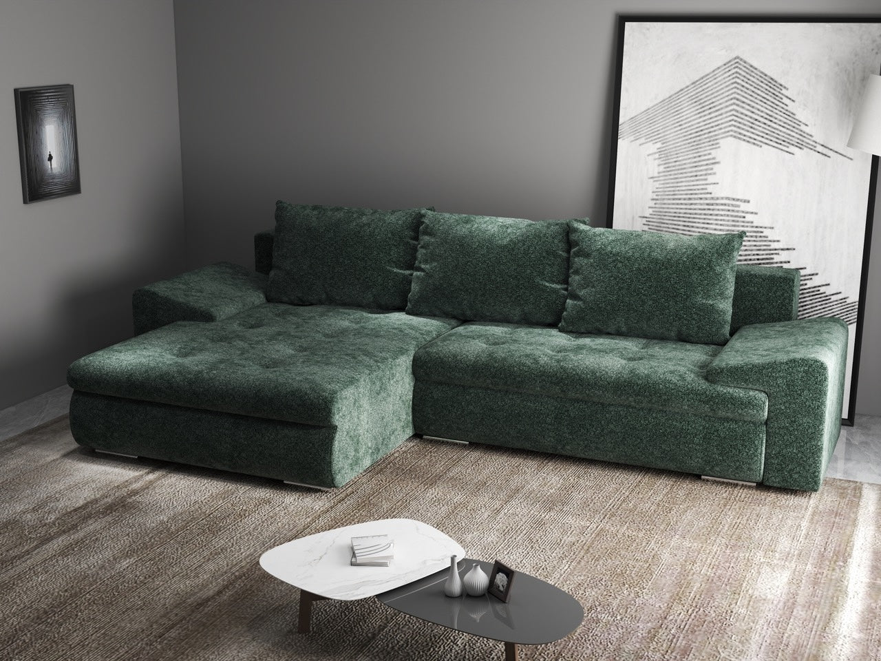 Colțar extensibil dumonde cu ladă de depozitare si sezut confortabil din spuma high-density, Leonardo Euphoria Verde 260x185 cm