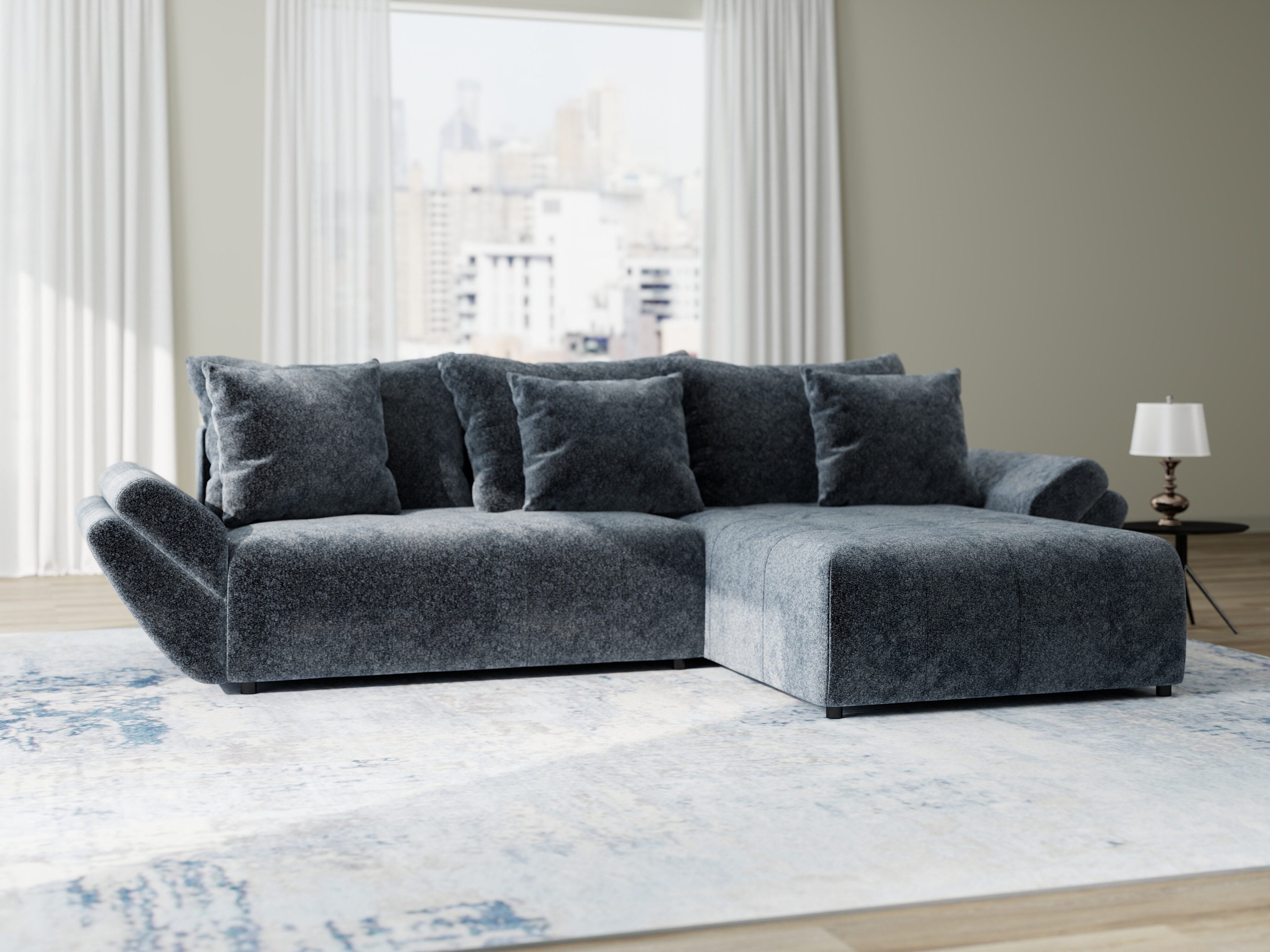 Colțar extensibil dumonde cu ladă de depozitare si sezut confortabil din spuma high-density, Berlin Euphoria Gri Grafit 280x185 cm II