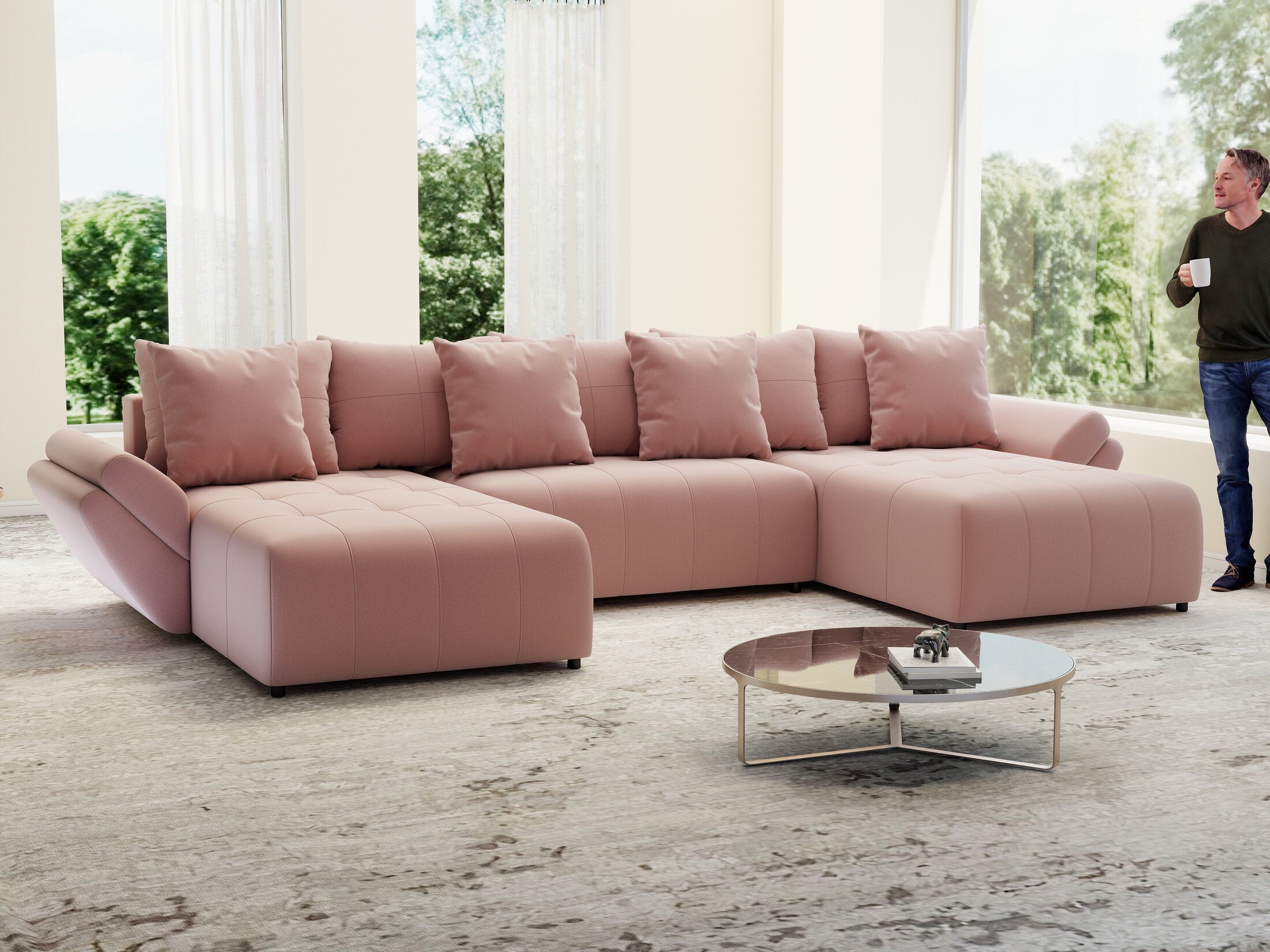 Colțar extensibil dumonde cu ladă de depozitare si sezut confortabil din spuma high-density, Berlin U Royal Roz 380x180 cm