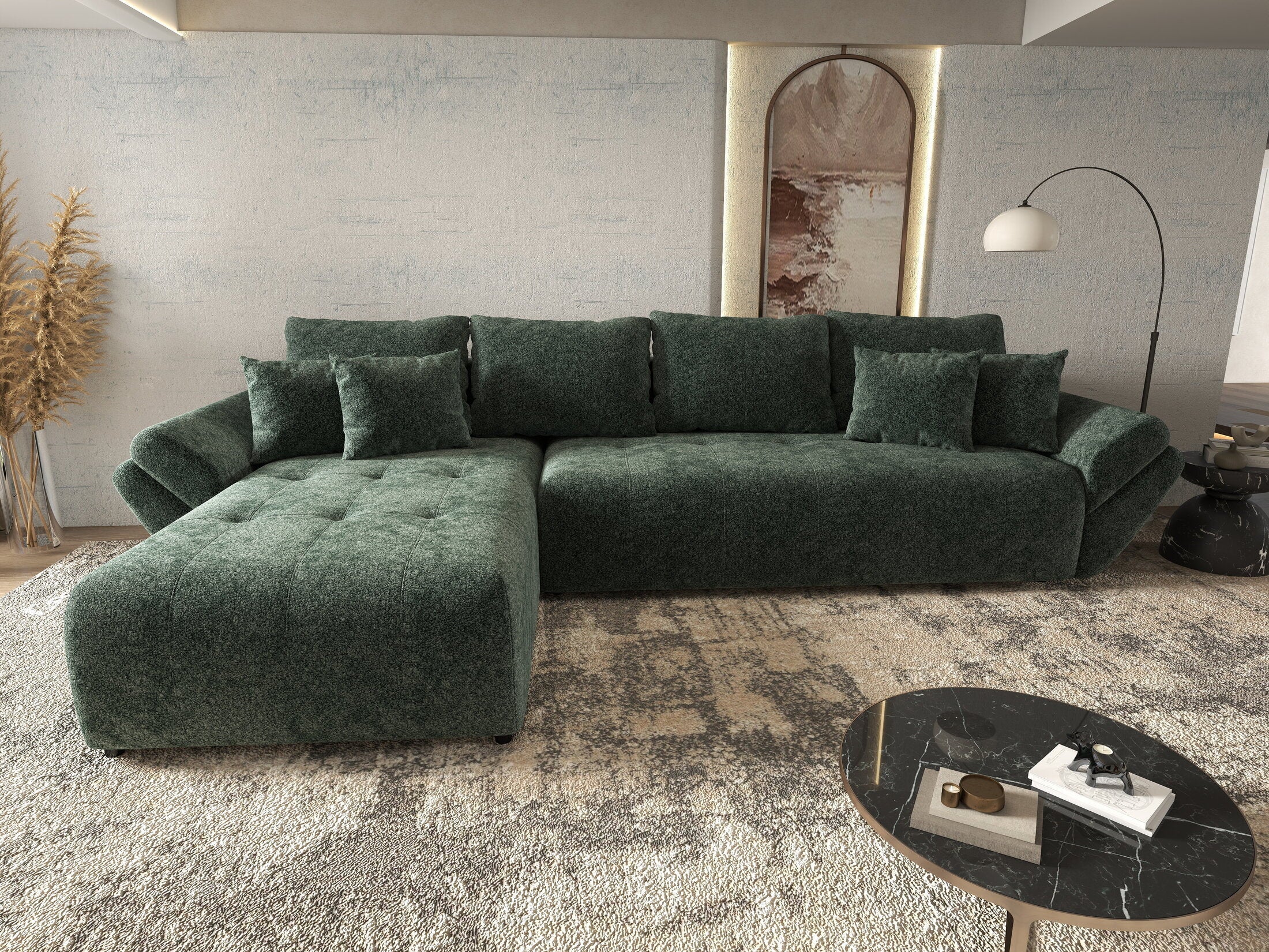 Colțar extensibil dumonde cu ladă de depozitare si sezut confortabil din spuma high-density, Berlin XL Euphoria Green 350x185 cm