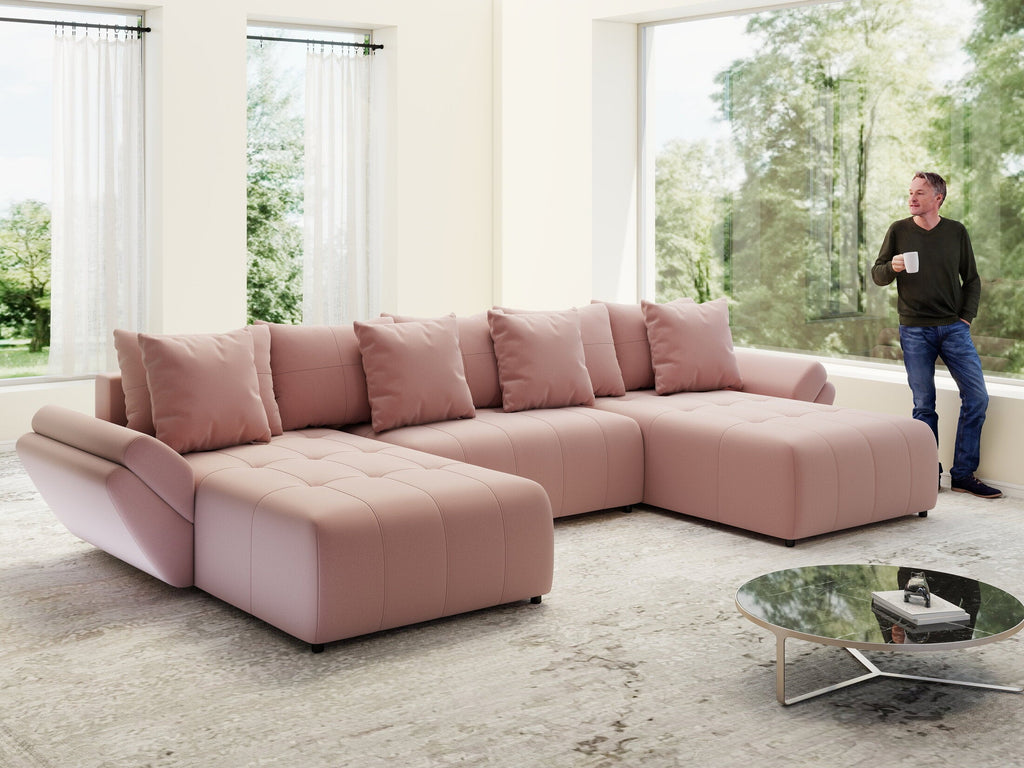 Colțar extensibil dumonde cu ladă de depozitare si sezut confortabil din spuma high-density, Berlin U Royal Roz 380x180 cm