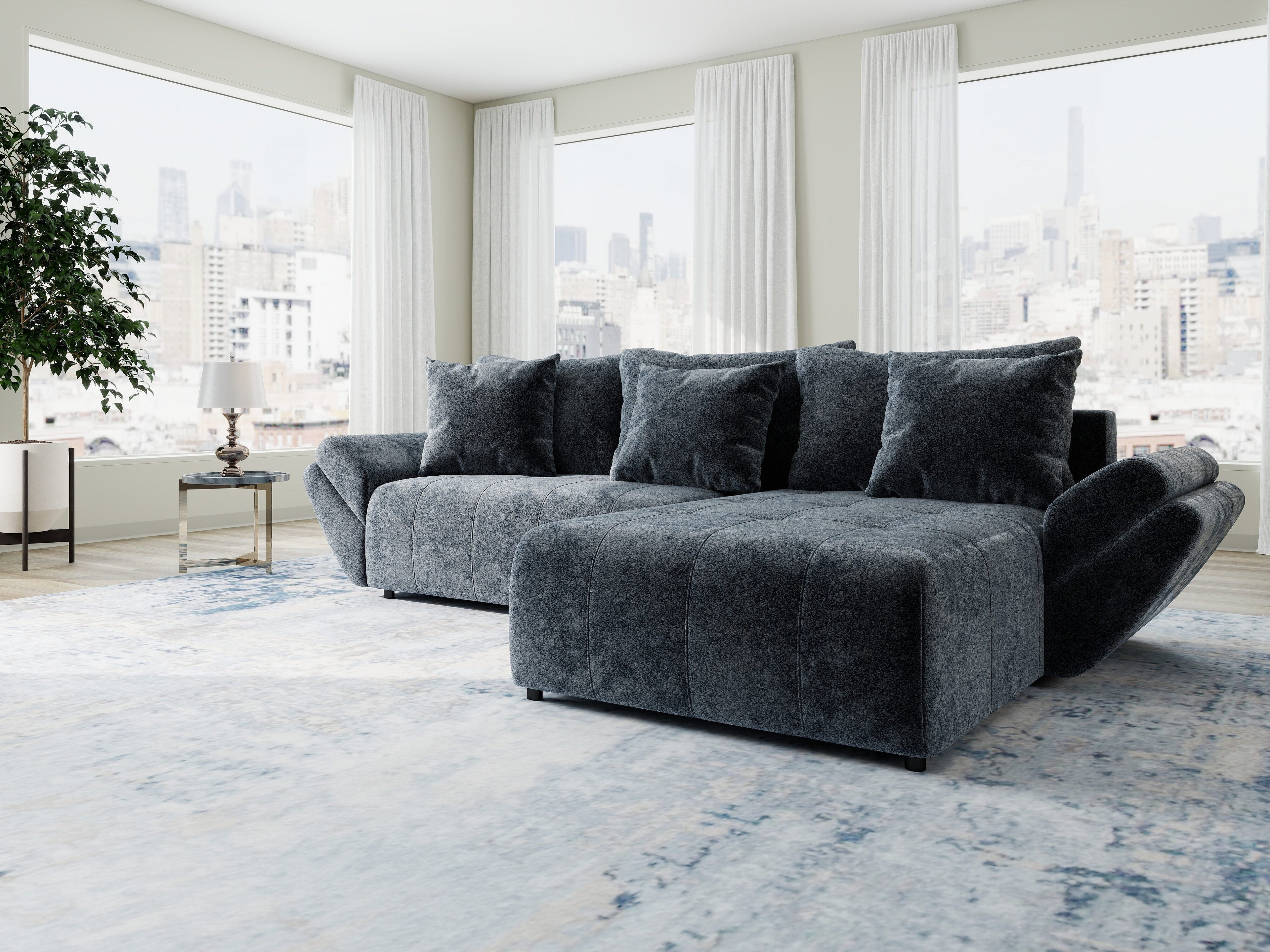 Colțar extensibil dumonde cu ladă de depozitare si sezut confortabil din spuma high-density, Berlin Euphoria Gri Grafit 280x185 cm II