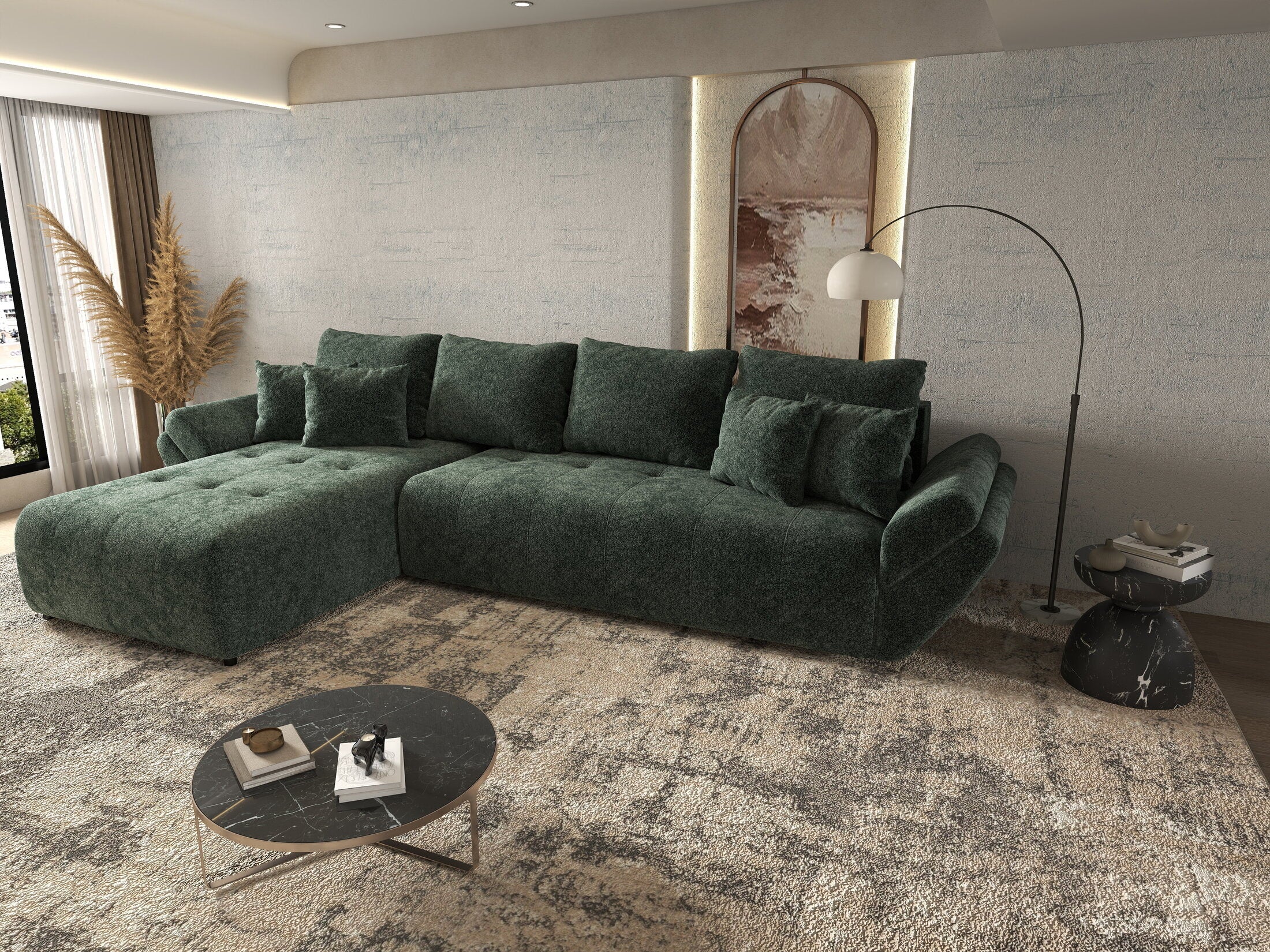 Colțar extensibil dumonde cu ladă de depozitare si sezut confortabil din spuma high-density, Berlin XL Euphoria Green 350x185 cm