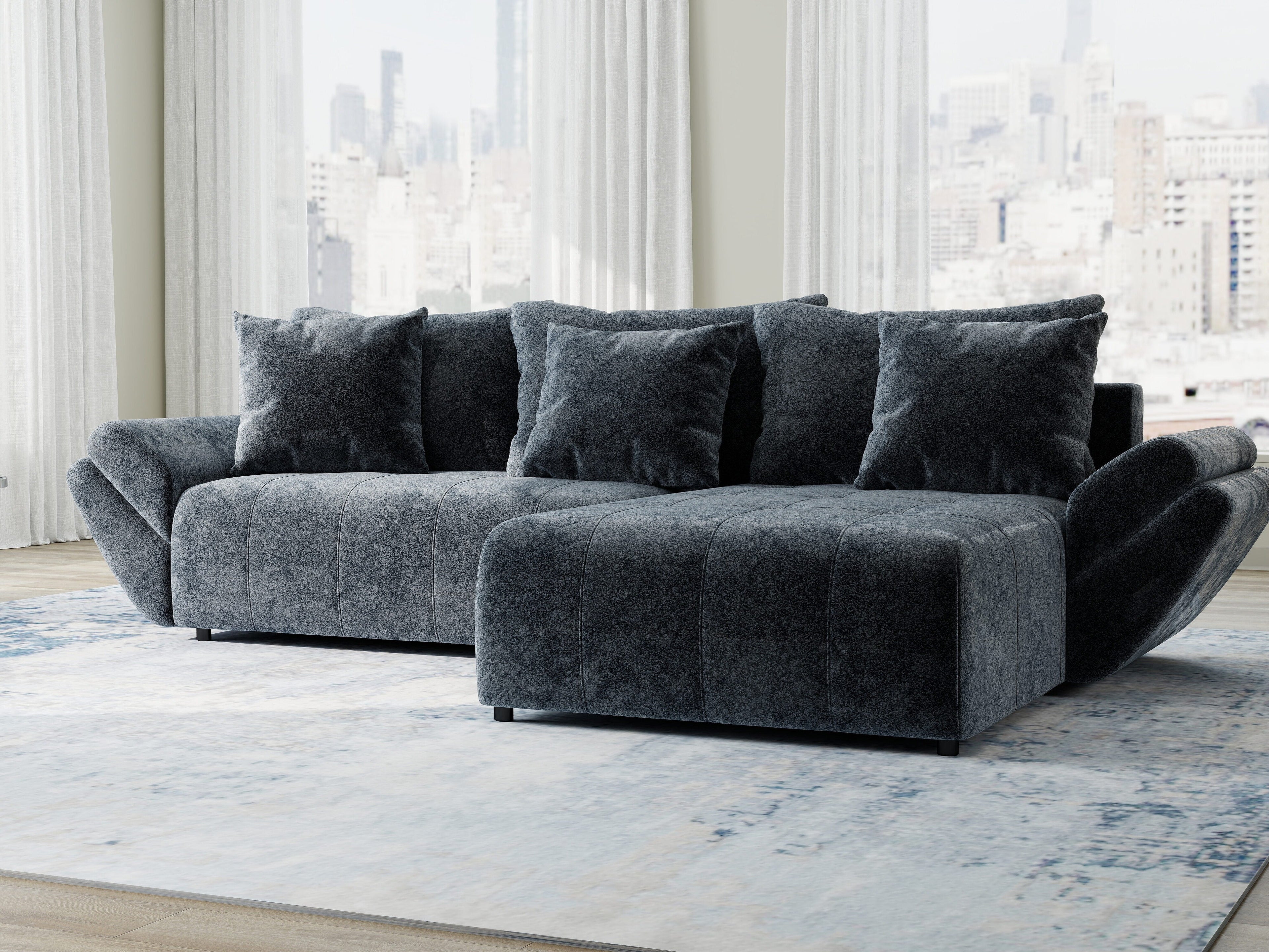Colțar extensibil dumonde cu ladă de depozitare si sezut confortabil din spuma high-density, Berlin Euphoria Gri Grafit 280x185 cm II