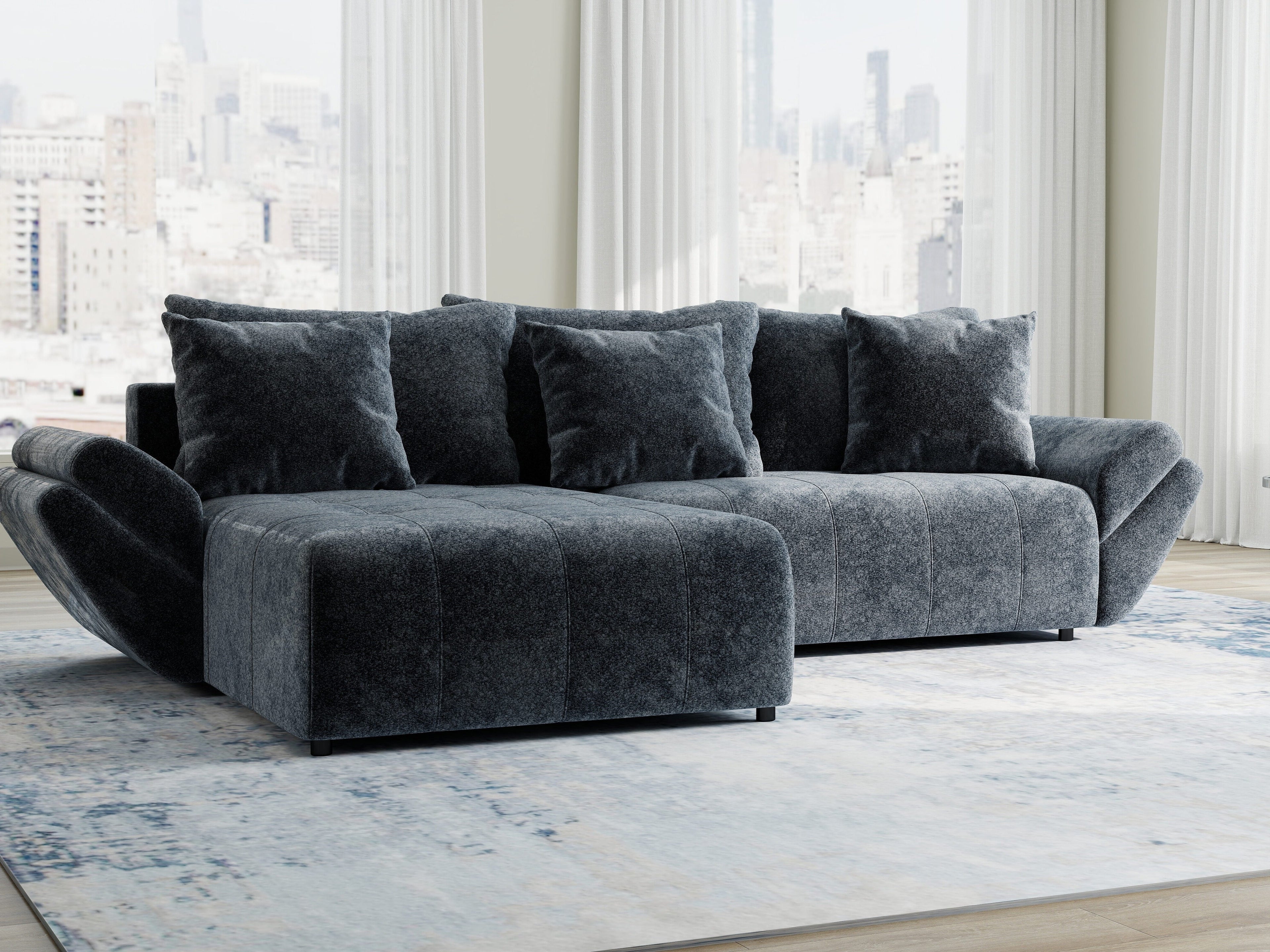 Colțar extensibil dumonde cu ladă de depozitare si sezut confortabil din spuma high-density, Berlin Euphoria Gri Grafit 280x185 cm