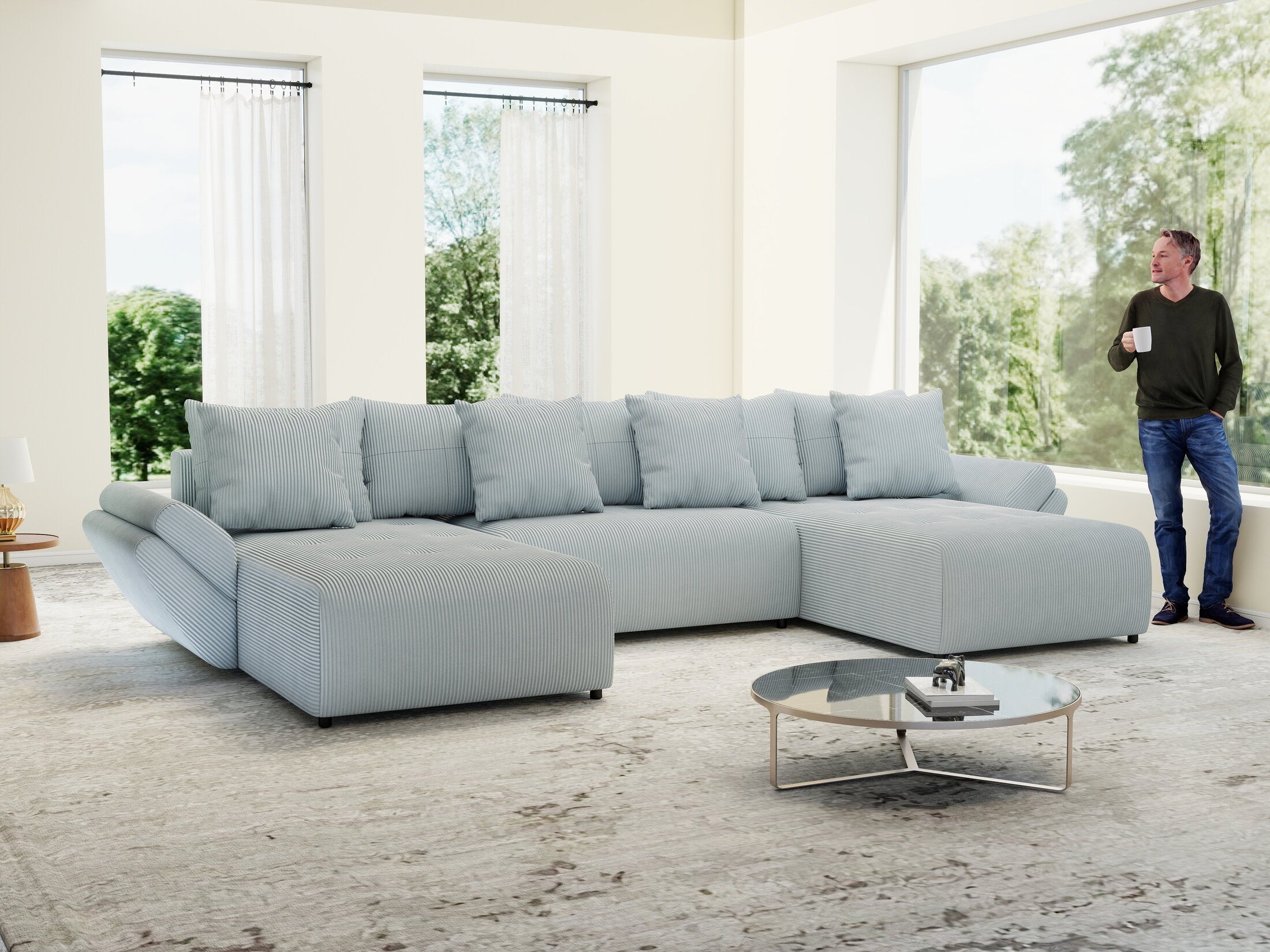Colțar extensibil dumonde cu ladă de depozitare si sezut confortabil din spuma high-density, Berlin U Zoom GREY 380x180 cm