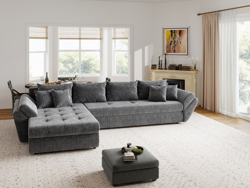 Colțar extensibil dumonde cu ladă de depozitare si sezut confortabil din spuma high-density, Loana XL Cremona Gri 335x185 cm