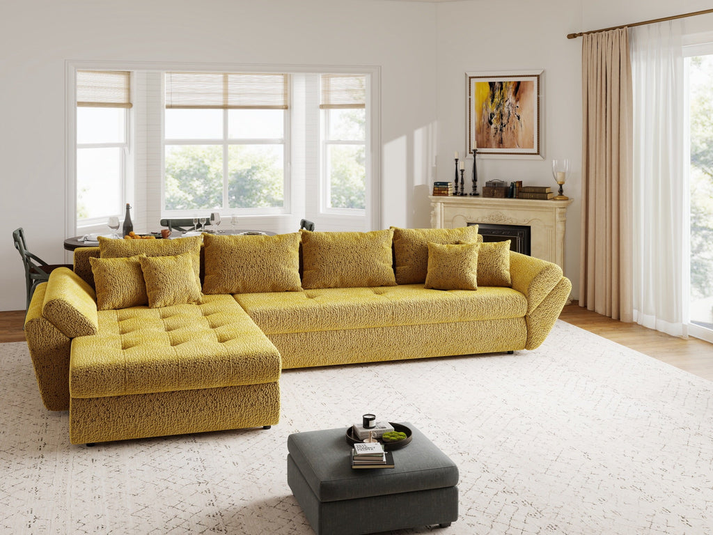 Colțar extensibil dumonde cu ladă de depozitare si sezut confortabil din spuma high-density, Loana XL Jaguar Galben Mustar 335x185 cm