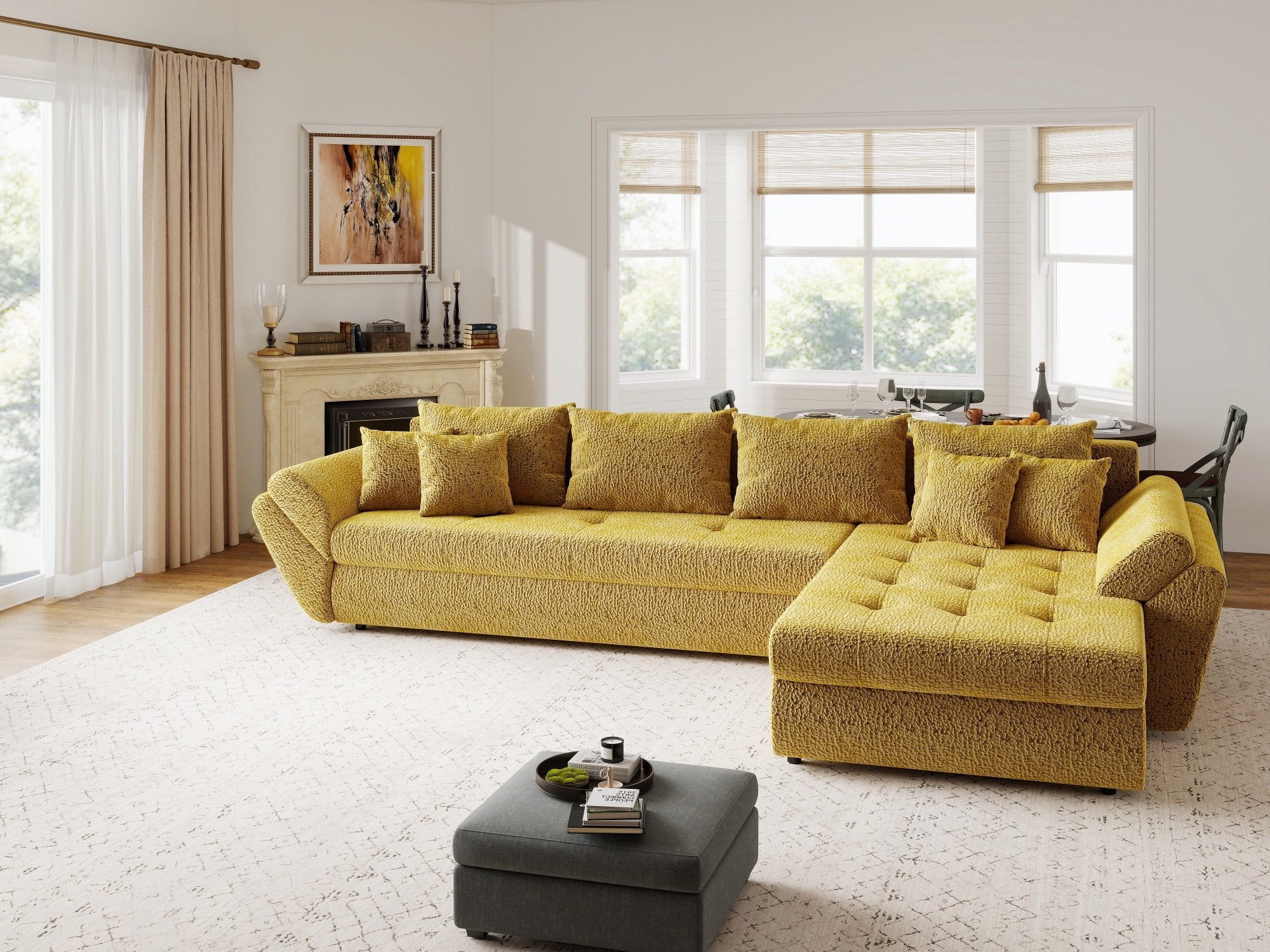 Colțar extensibil dumonde cu ladă de depozitare si sezut confortabil din spuma high-density, Loana XL Jaguar Galben Mustar II 335x185 cm