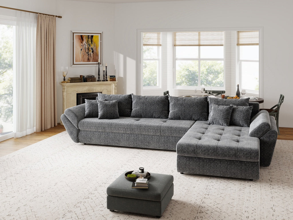 Colțar extensibil dumonde cu ladă de depozitare si sezut confortabil din spuma high-density, Loana XL Cremona Gri II 335x185 cm