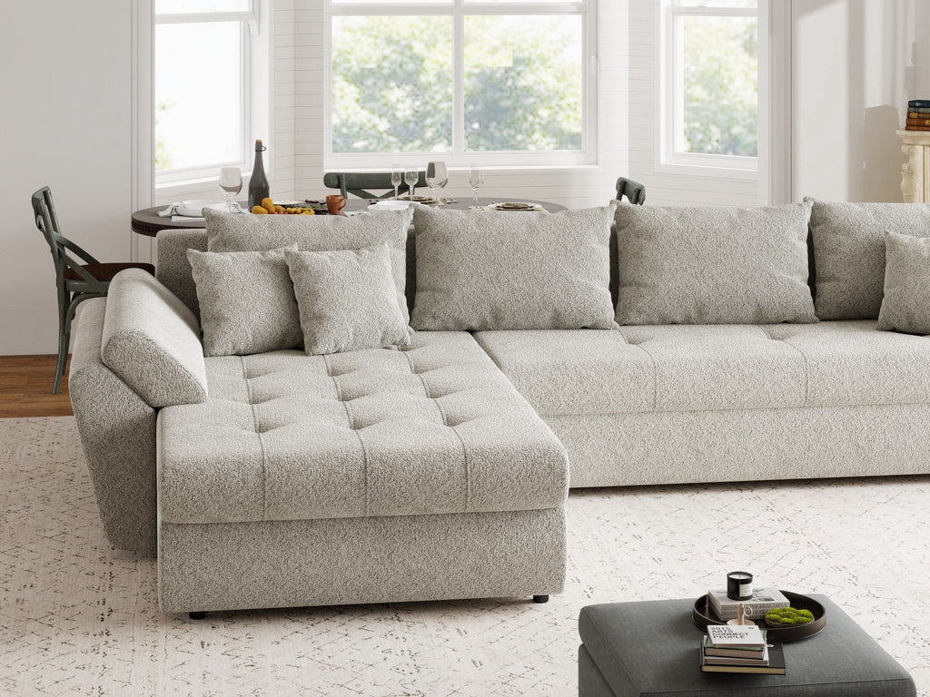 Colțar extensibil dumonde cu ladă de depozitare si sezut confortabil din spuma high-density, Loana XL Arena Bej 20 335x185 cm