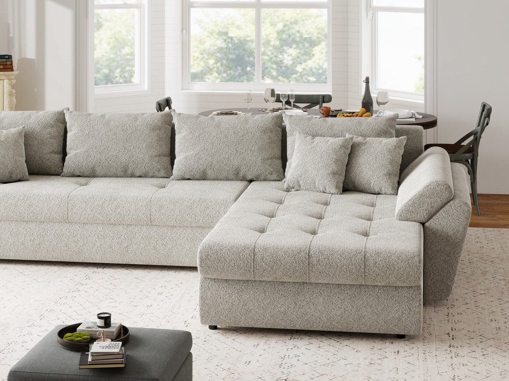 Colțar extensibil dumonde cu ladă de depozitare si sezut confortabil din spuma high-density, Loana XL Arena Bej 20 II 335x185 cm