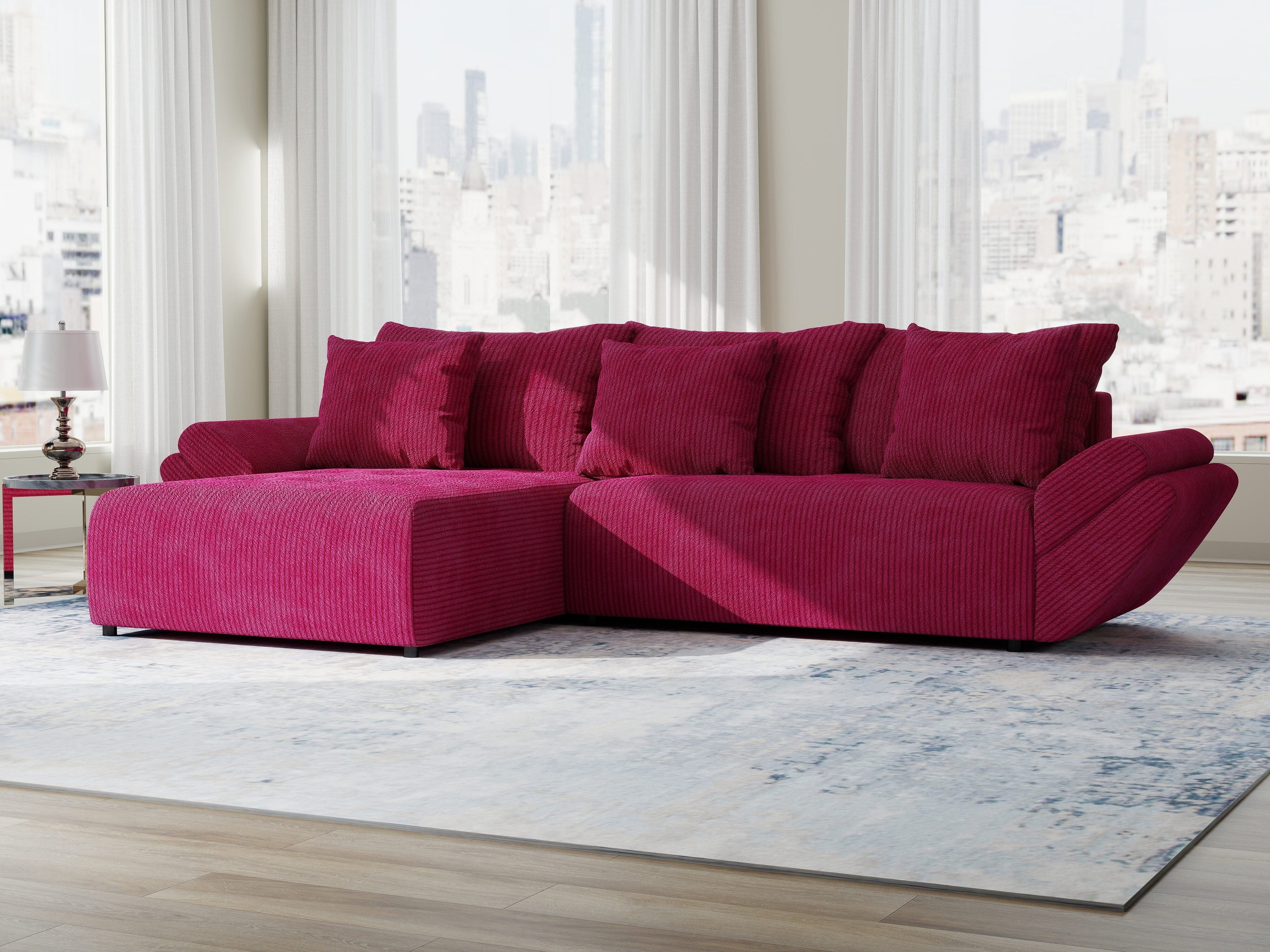 Colțar extensibil dumonde cu ladă de depozitare si sezut confortabil din spuma high-density, Berlin Zoom Rosu 280x185 cm
