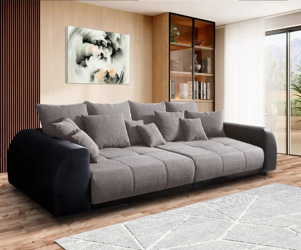 Canapea extensibilă dumonde cu 2 lăzi de depozitare si sezut confortabil din spuma high-density, Verona Magma Black 310x100 cm cu taburet inclus