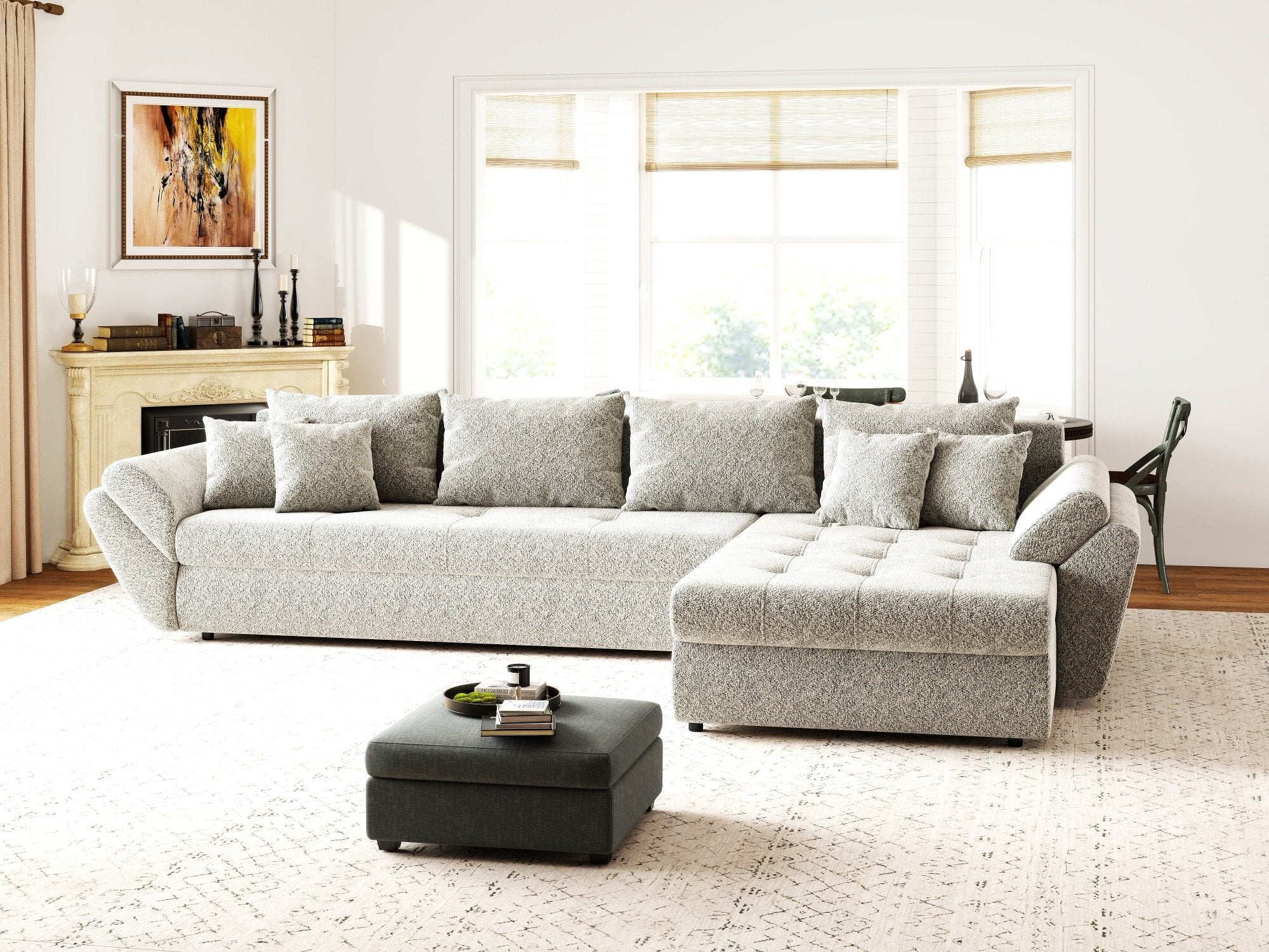Colțar extensibil dumonde cu ladă de depozitare si sezut confortabil din spuma high-density, Loana XL Arena Bej 02 II 335x185 cm