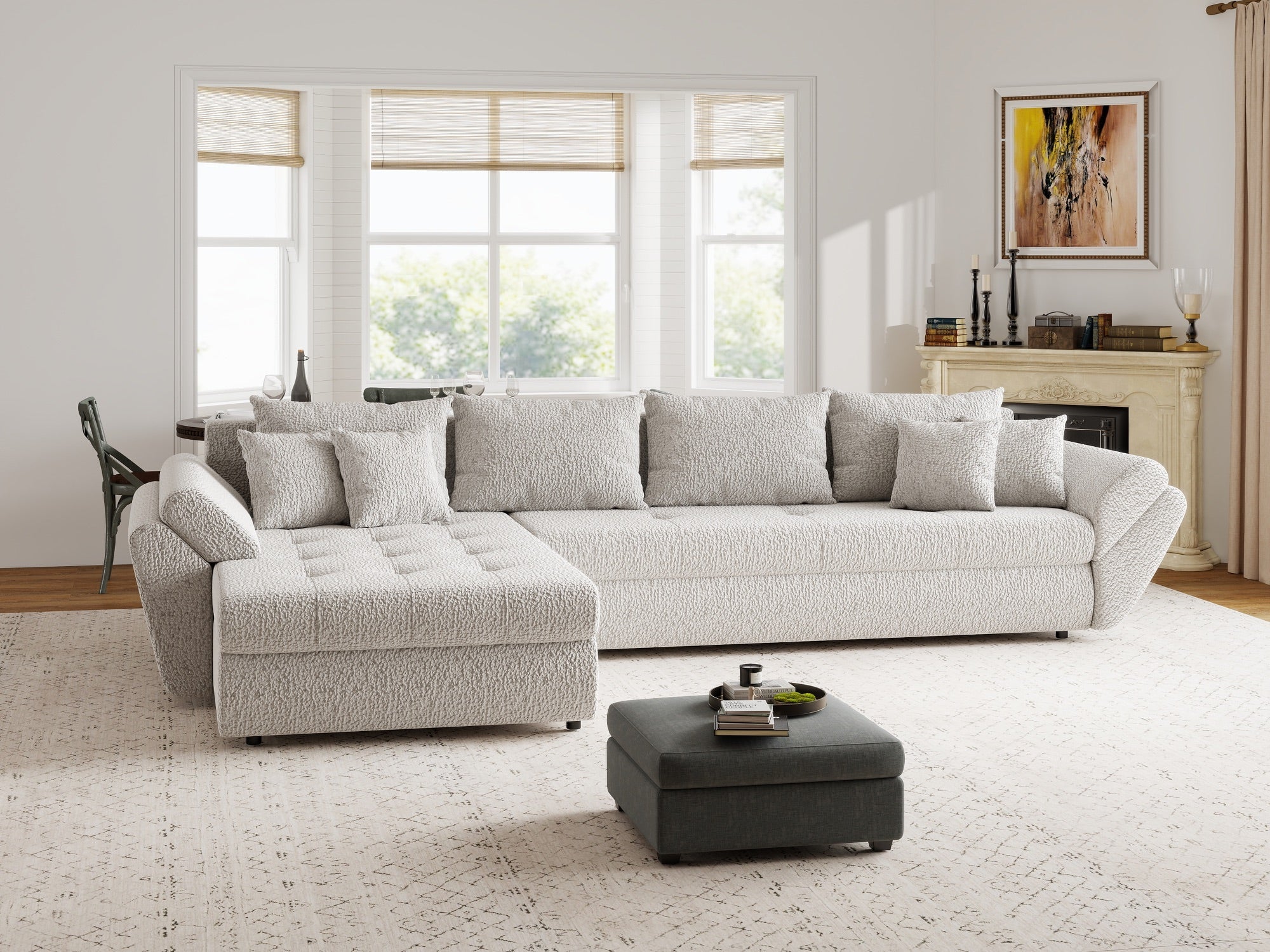 Colțar extensibil dumonde cu ladă de depozitare si sezut confortabil din spuma high-density, Loana XL Jaguar Gri 335x185 cm