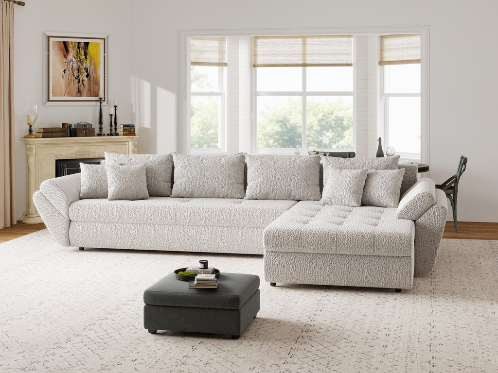 Colțar extensibil dumonde cu ladă de depozitare si sezut confortabil din spuma high-density, Loana XL Jaguar Gri II 335x185 cm