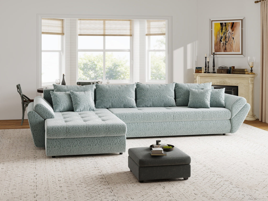 Colțar extensibil dumonde cu ladă de depozitare si sezut confortabil din spuma high-density, Loana XL Jaguar Verde Mint 335x185 cm