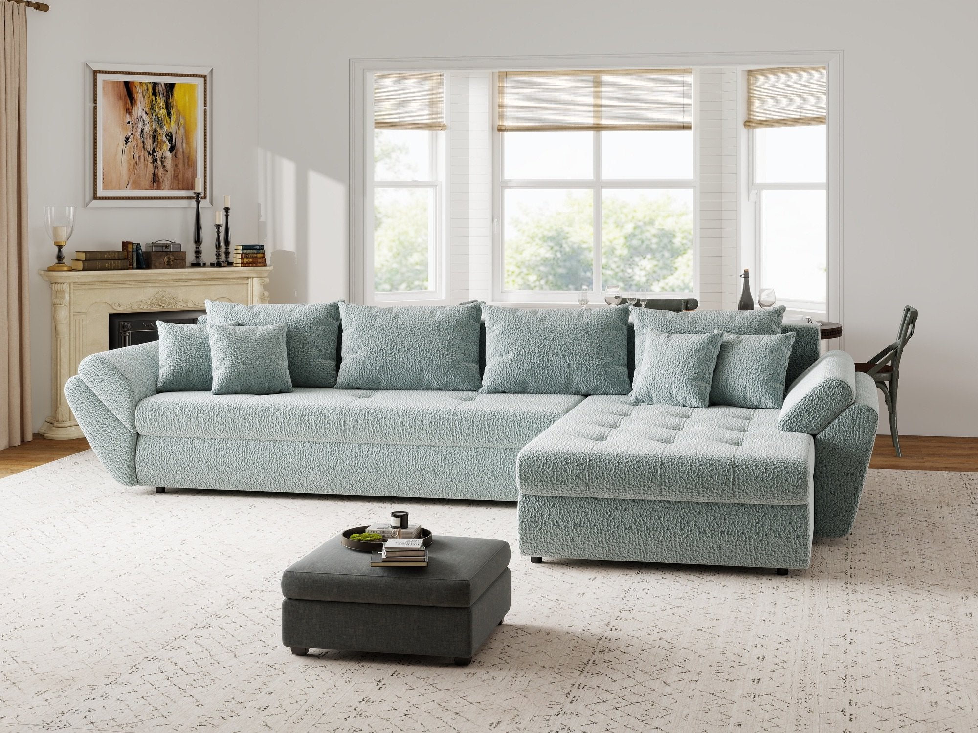 Colțar extensibil dumonde cu ladă de depozitare si sezut confortabil din spuma high-density, Loana XL Jaguar Verde Mint II 335x185 cm