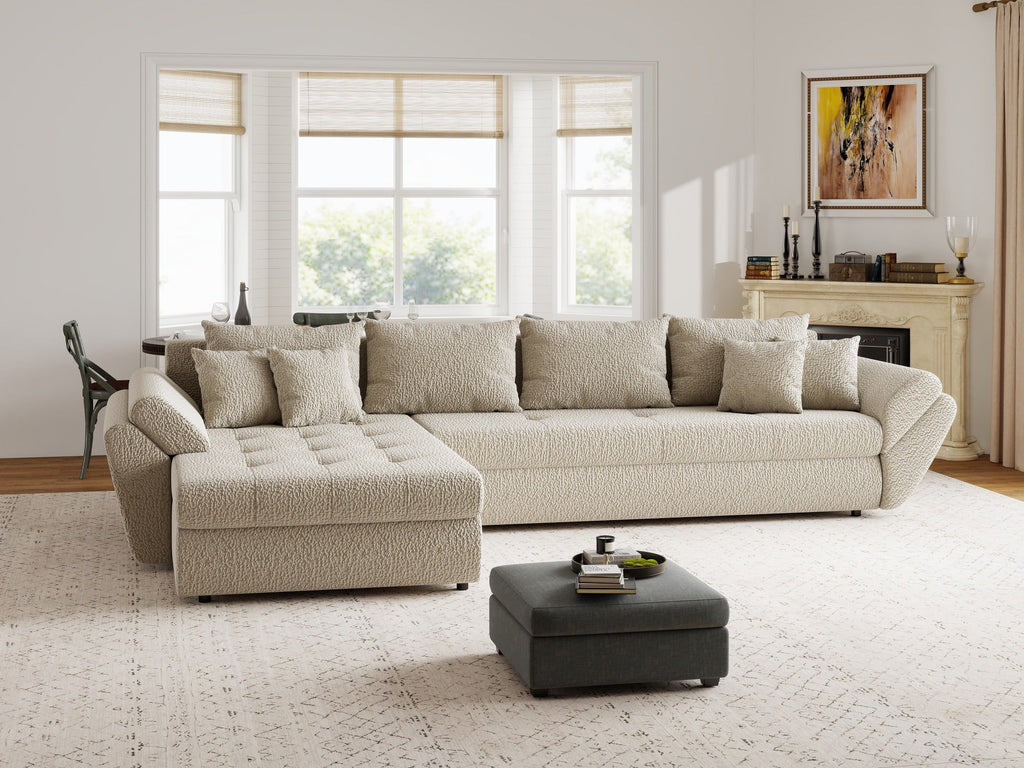 Colțar extensibil dumonde cu ladă de depozitare si sezut confortabil din spuma high-density, Loana XL Jaguar Bej 335x185 cm