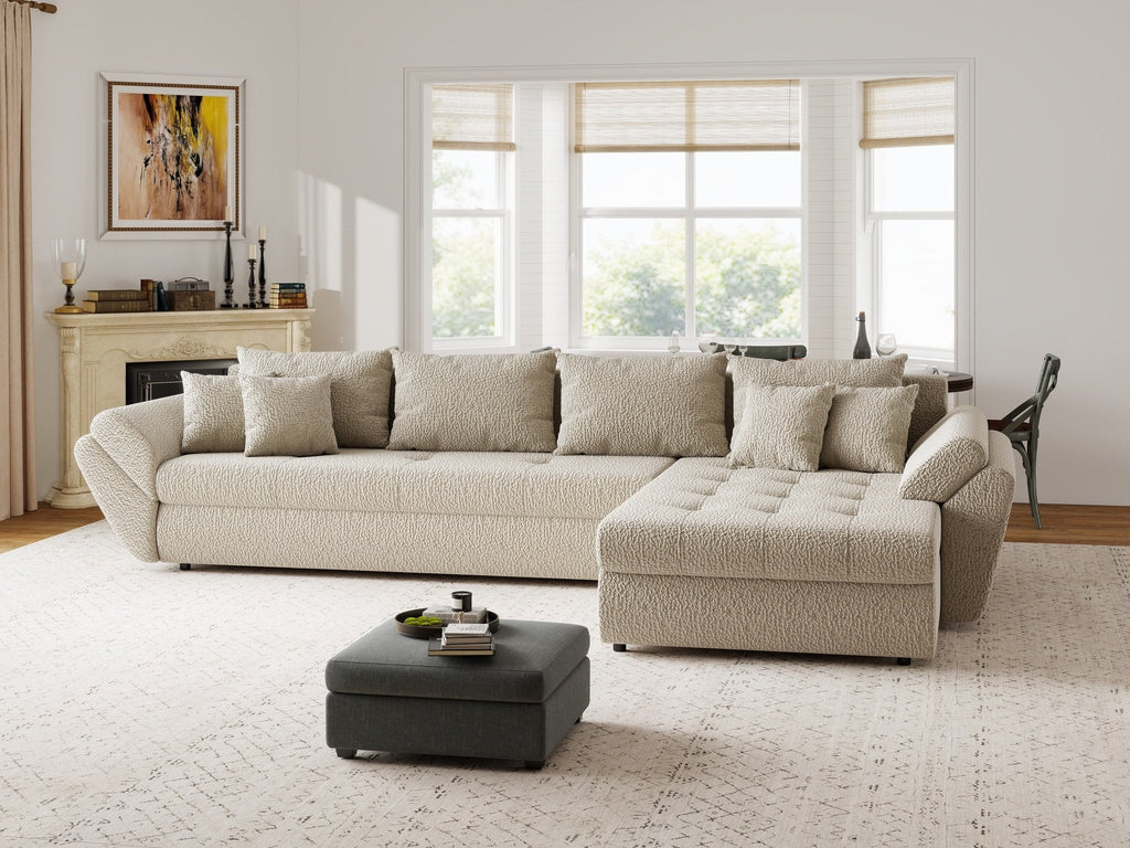 Colțar extensibil dumonde cu ladă de depozitare si sezut confortabil din spuma high-density, Loana XL Jaguar Bej II 335x185 cm