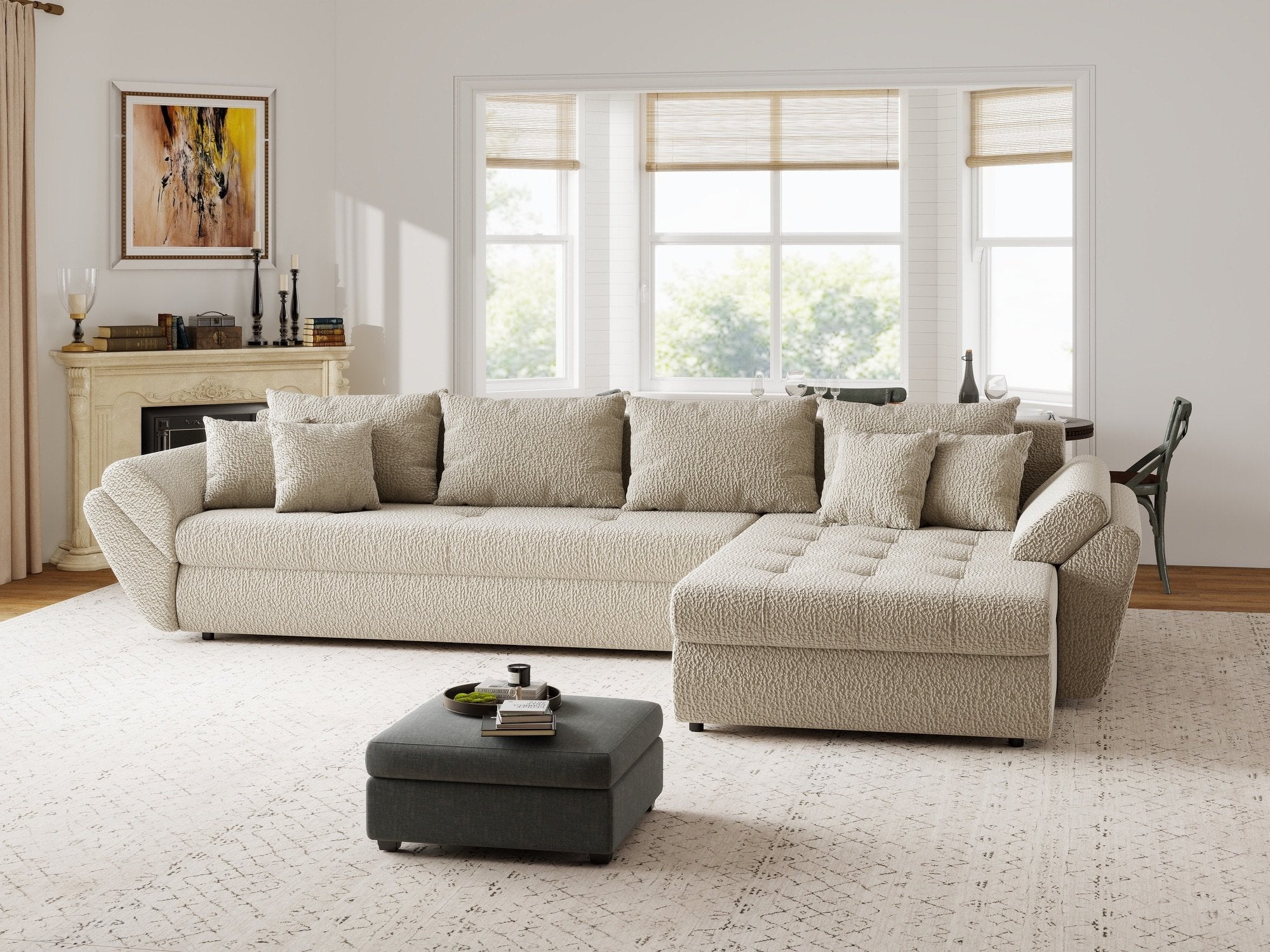Colțar extensibil dumonde cu ladă de depozitare si sezut confortabil din spuma high-density, Loana XL Jaguar Bej II 335x185 cm