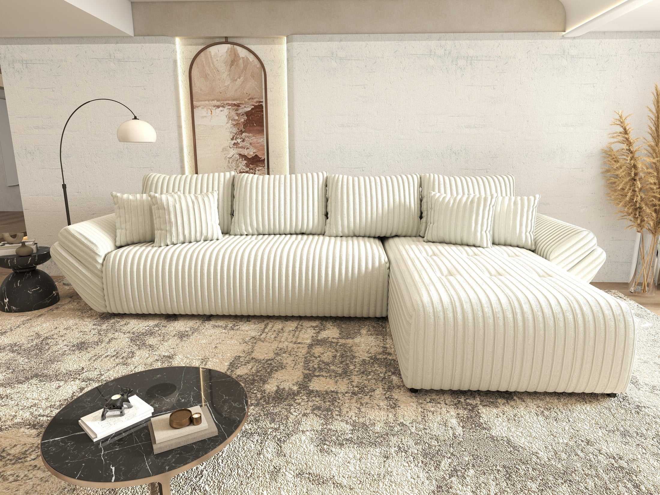 Colțar extensibil dumonde cu ladă de depozitare si sezut confortabil din spuma high-density, Berlin XL Ambience Ivory II 350x185 cm