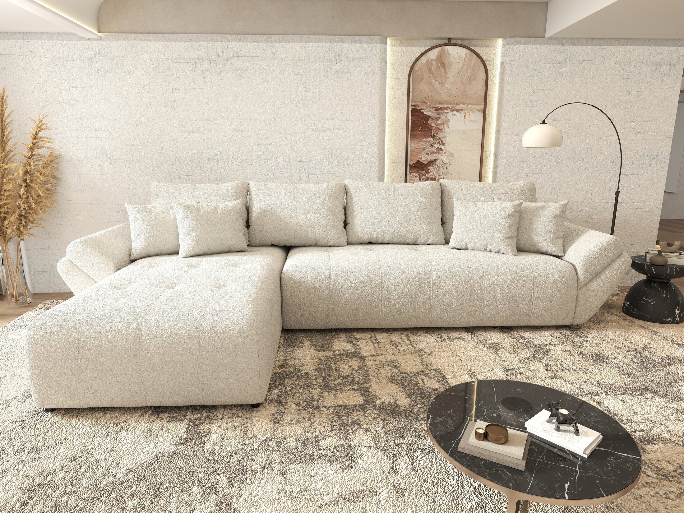 Colțar extensibil dumonde cu ladă de depozitare si sezut confortabil din spuma high-density, Berlin XL Euphoria Ivory 350x185 cm