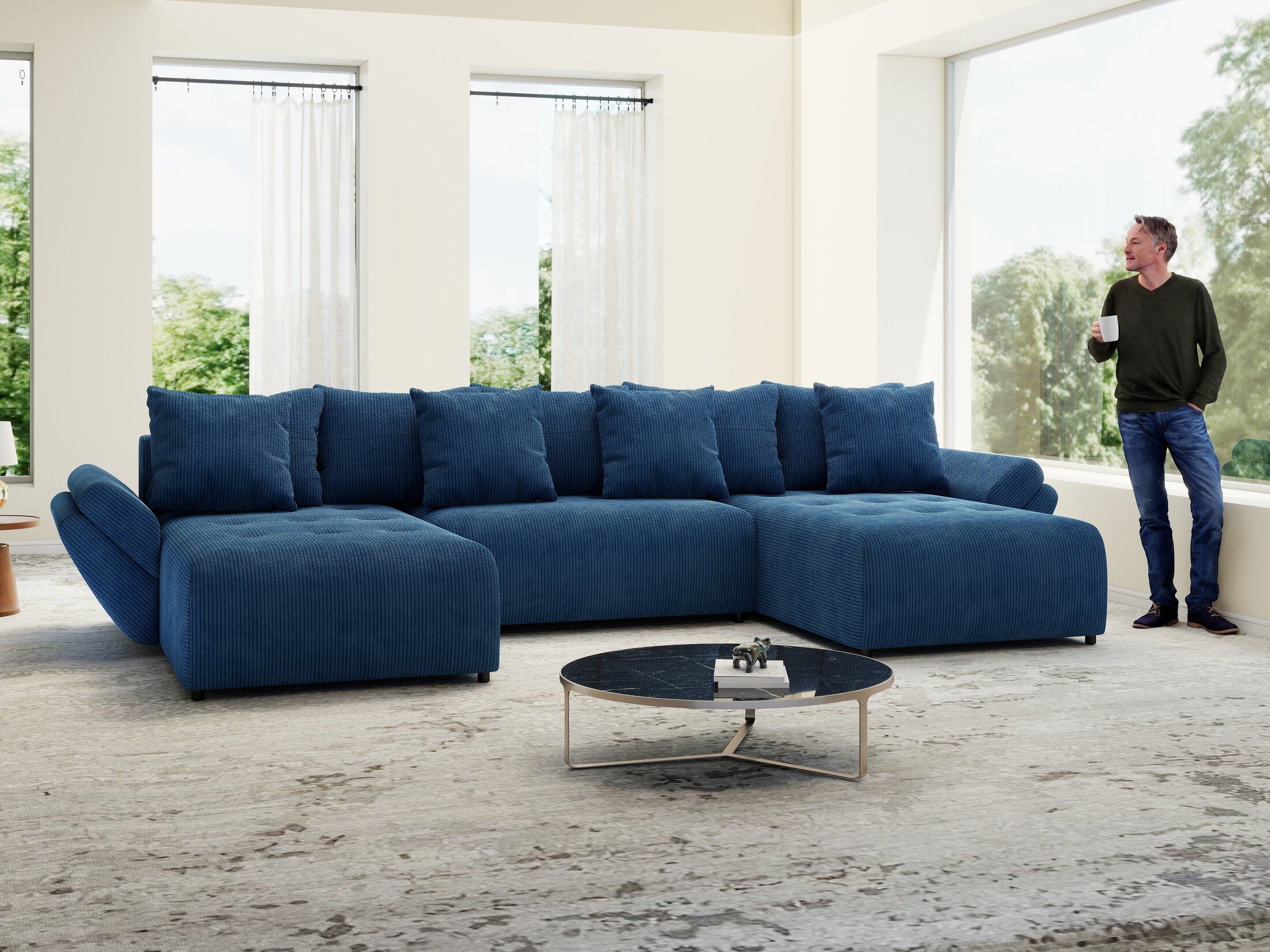 Colțar extensibil dumonde cu ladă de depozitare si sezut confortabil din spuma high-density, Berlin U Zoom Blue 380x180 cm