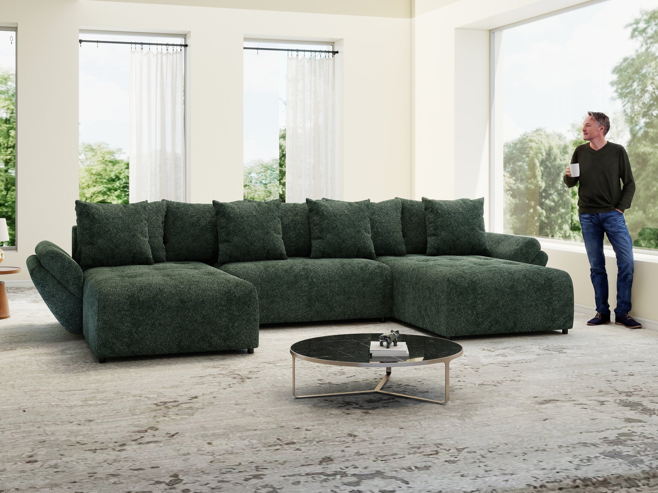 Colțar extensibil dumonde cu ladă de depozitare si sezut confortabil din spuma high-density, Berlin U Euphoria Verde 380x180 cm