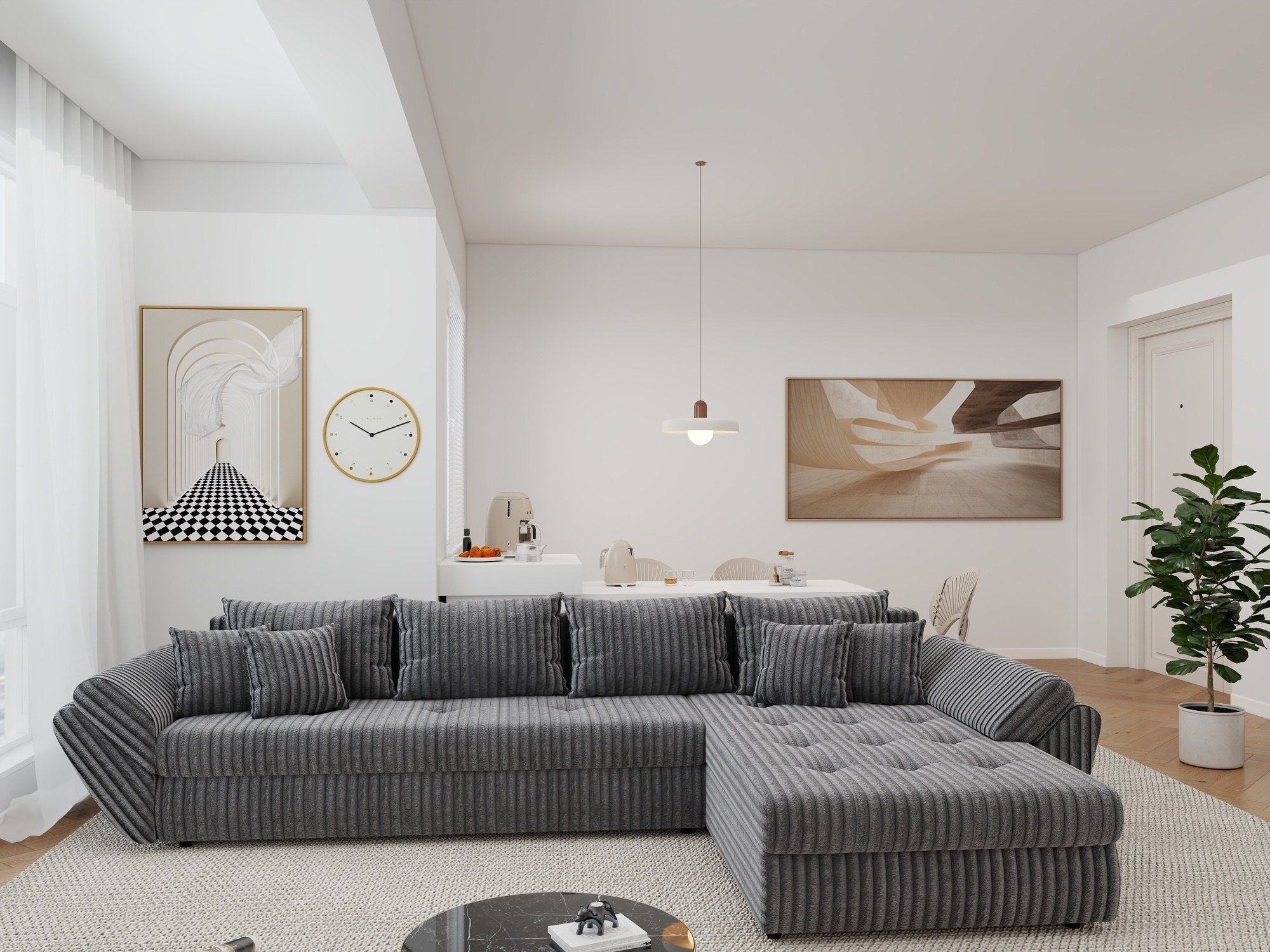 Colțar extensibil dumonde cu ladă de depozitare si sezut confortabil din spuma high-density, Loana XL Tilia Gri 90 II 335x185 cm