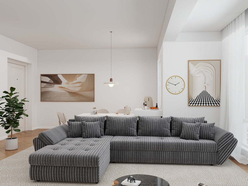 Colțar extensibil dumonde cu ladă de depozitare si sezut confortabil din spuma high-density, Loana XL Tilia Gri 90 335x185 cm