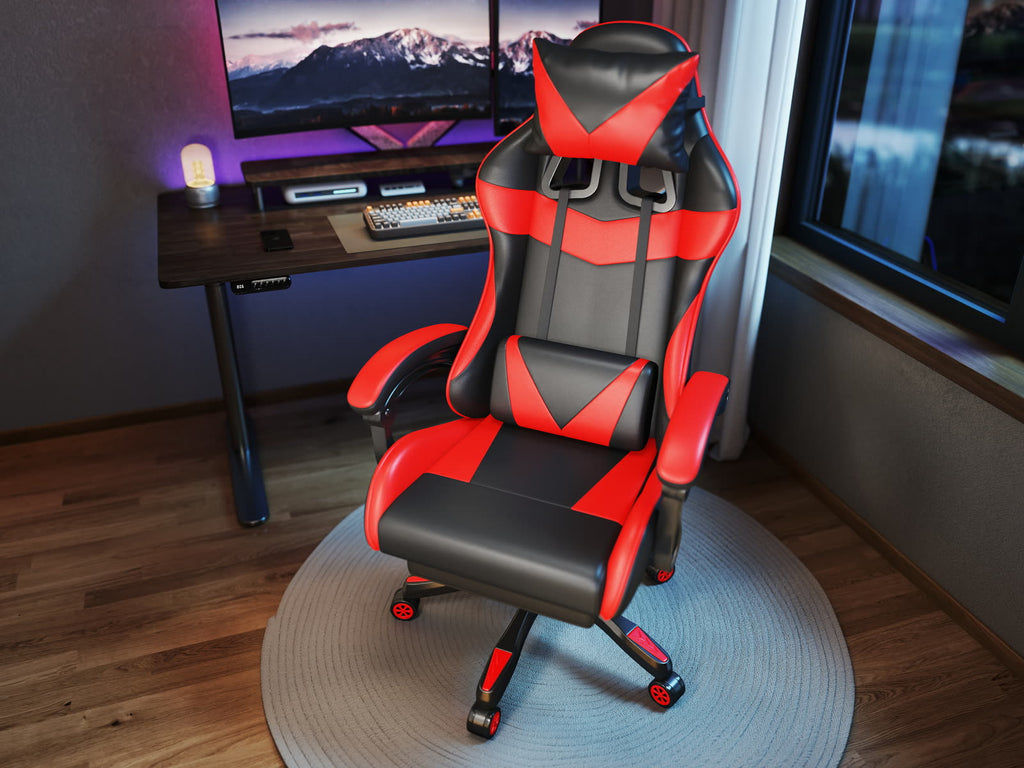 Scaun gaming Dumonde RIFT, mecanism multifuncțional, ecopiele, suport picioare, rosu/negru