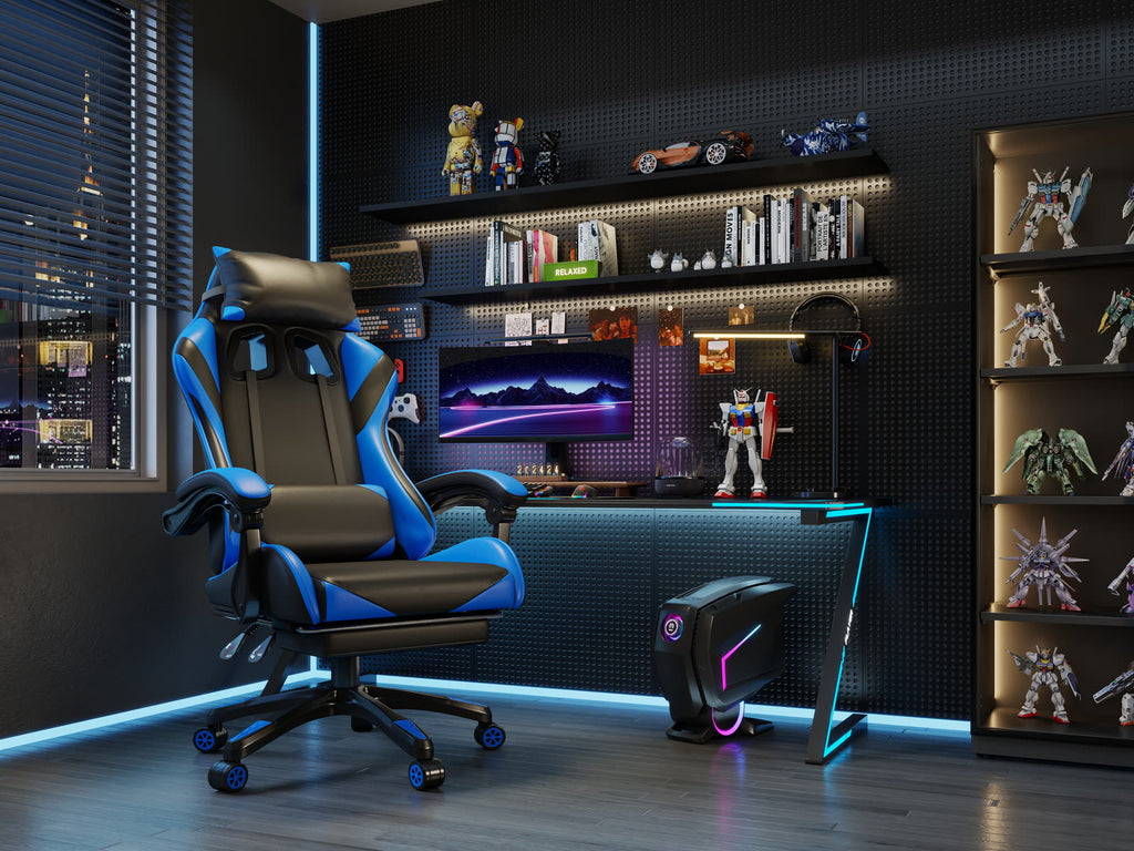 Scaun gaming Dumonde PREDATOR, mecanism multifuncțional, ecopiele, suport picioare, albastru/negru