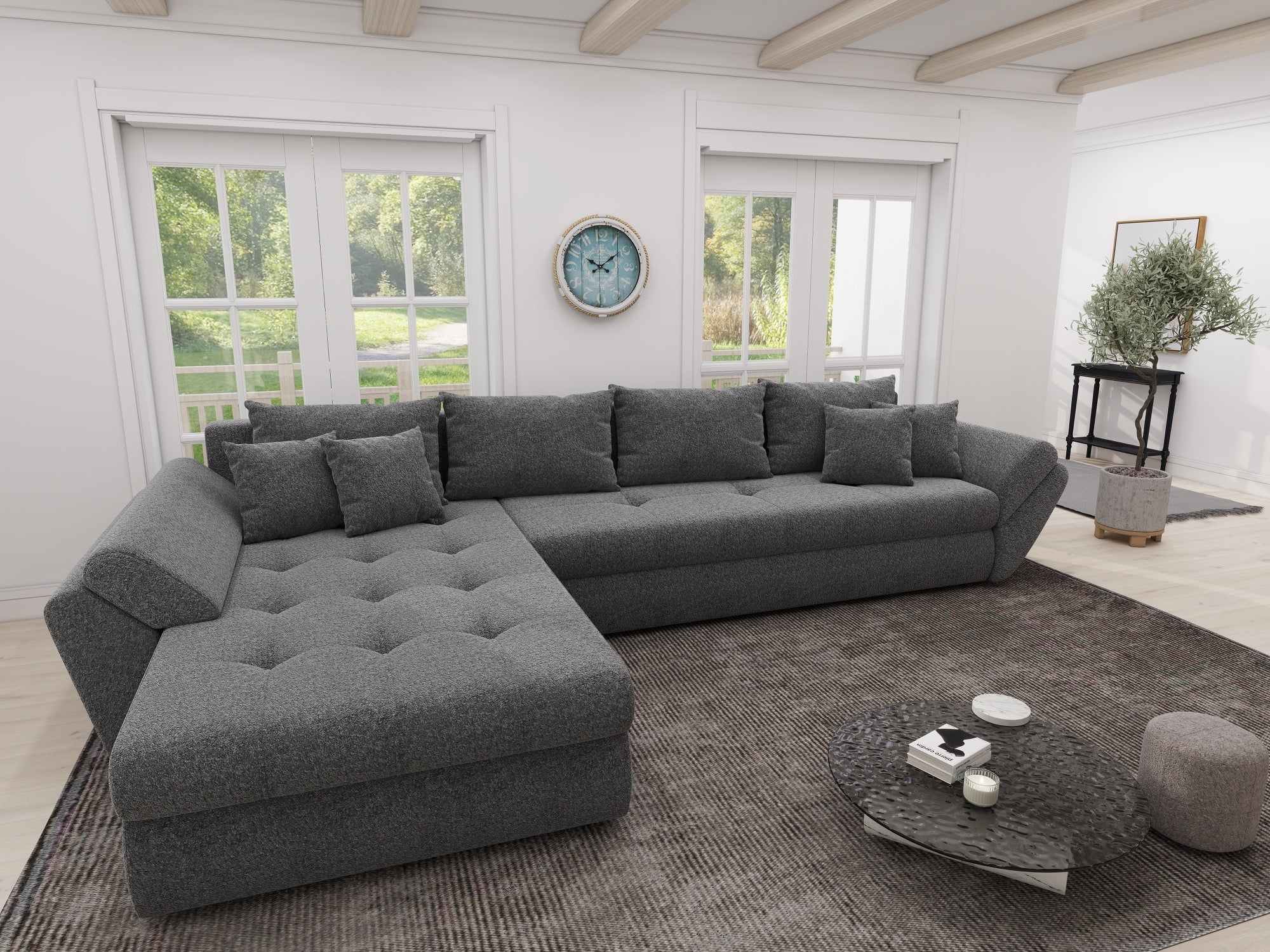 Colțar extensibil dumonde cu ladă de depozitare si sezut confortabil din spuma high-density, Loana XL Monte Gri 90 335x185 cm