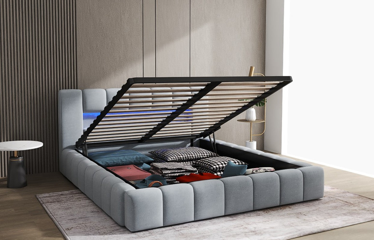 Pat dormitor dumonde, tapitat bej cu LED si USB, Palermo 180x200 cm, somiera rabatabila inclusa, spatiu depozitare