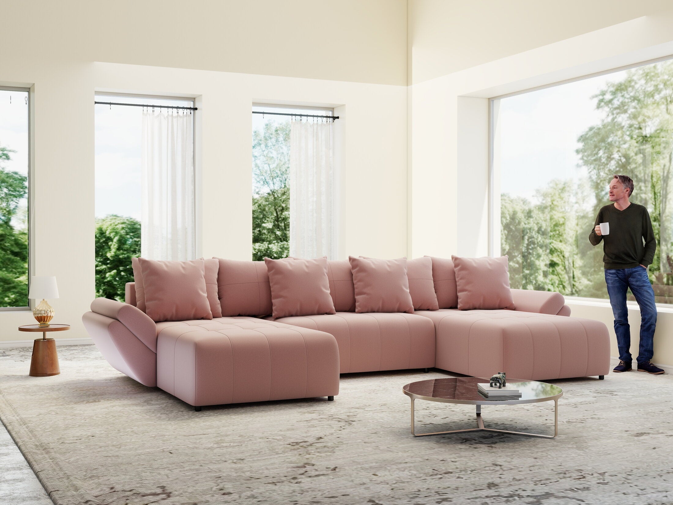 Colțar extensibil dumonde cu ladă de depozitare si sezut confortabil din spuma high-density, Berlin U Royal Roz 380x180 cm