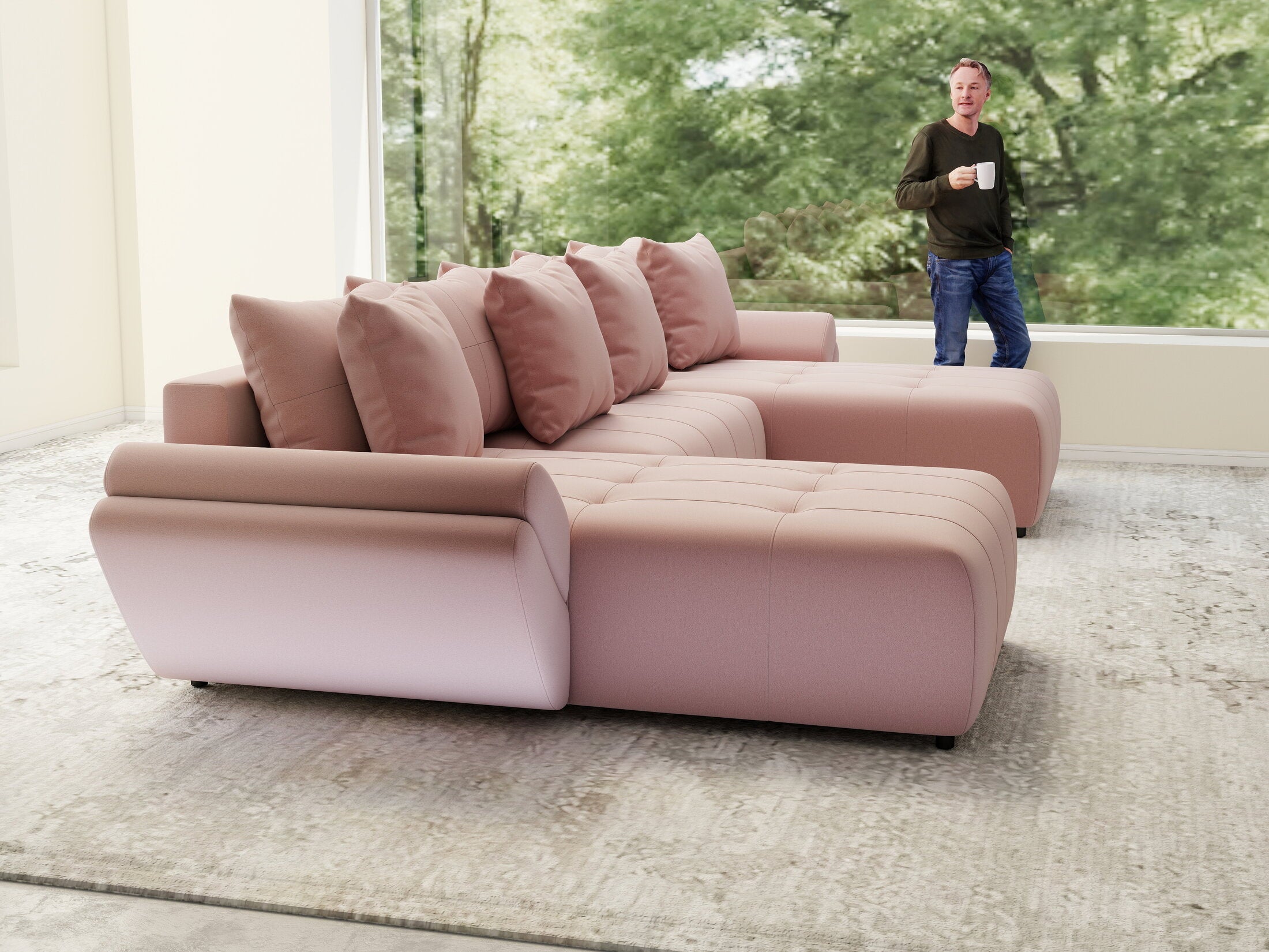 Colțar extensibil dumonde cu ladă de depozitare si sezut confortabil din spuma high-density, Berlin U Royal Roz 380x180 cm