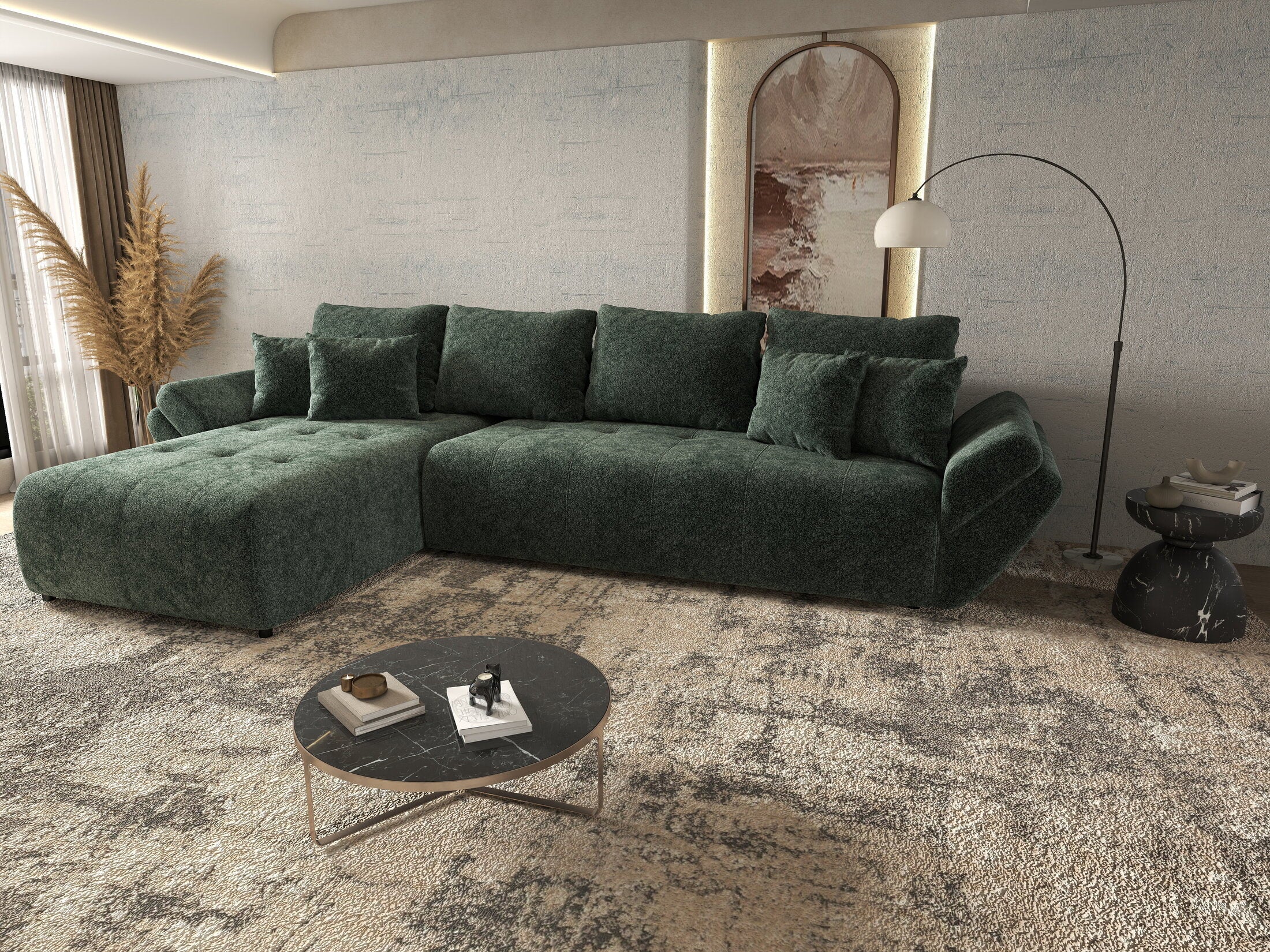 Colțar extensibil dumonde cu ladă de depozitare si sezut confortabil din spuma high-density, Berlin XL Euphoria Green 350x185 cm
