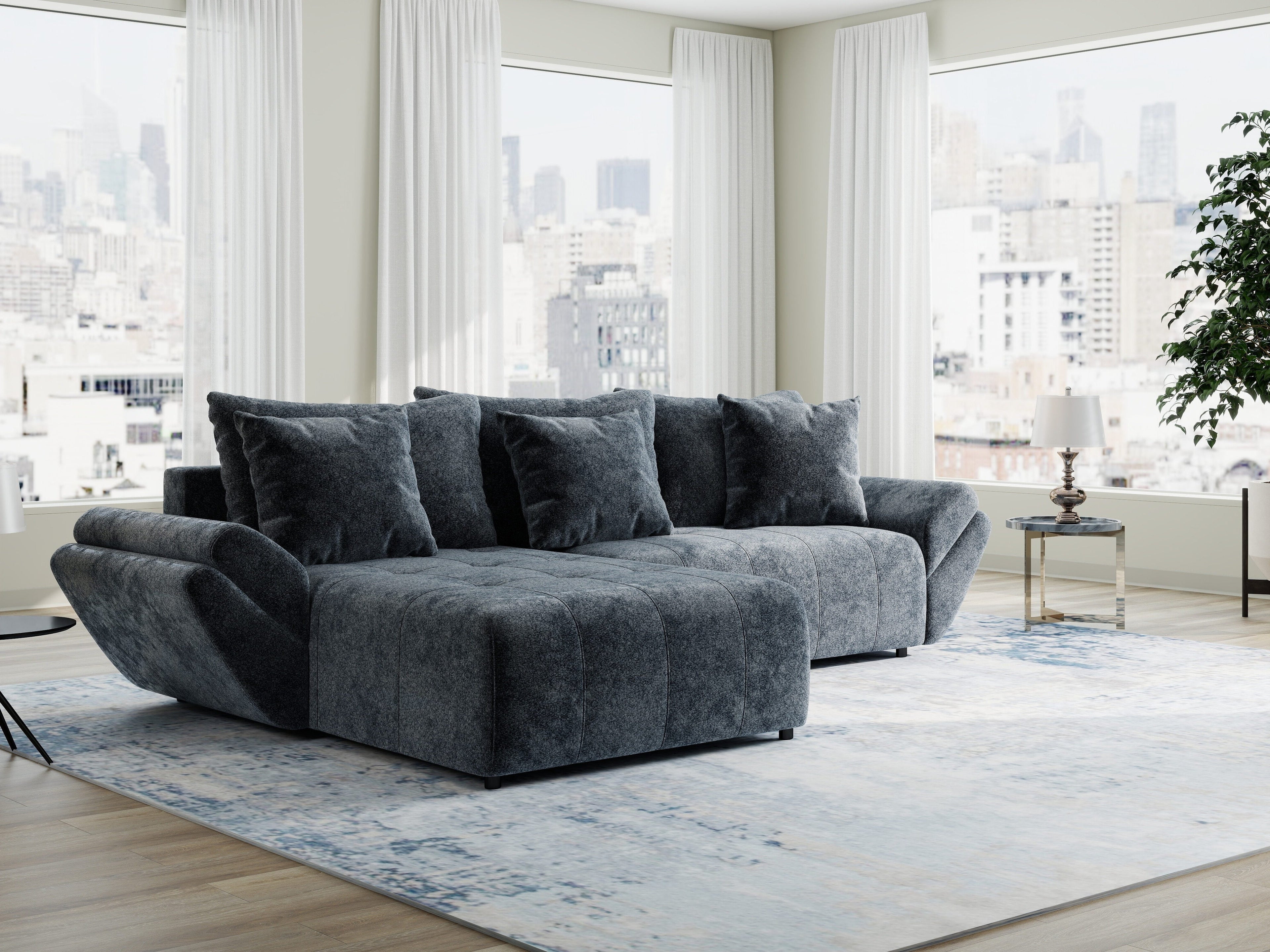 Colțar extensibil dumonde cu ladă de depozitare si sezut confortabil din spuma high-density, Berlin Euphoria Gri Grafit 280x185 cm