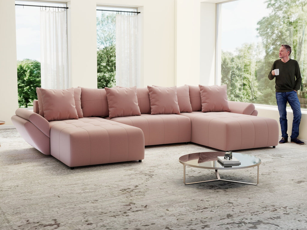 Colțar extensibil dumonde cu ladă de depozitare si sezut confortabil din spuma high-density, Berlin U Royal Roz 380x180 cm