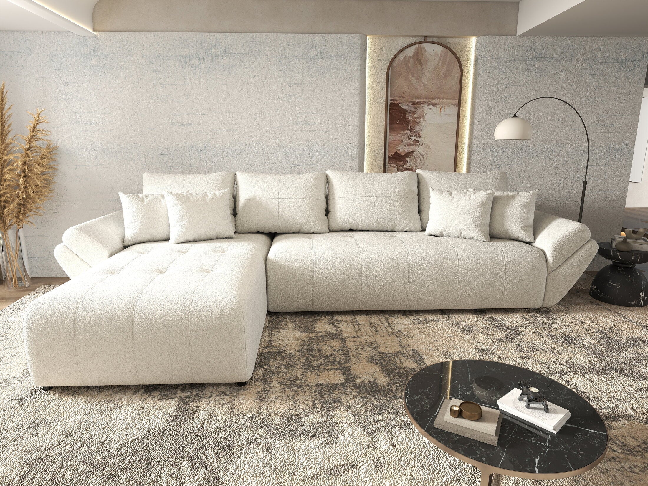 Colțar extensibil dumonde cu ladă de depozitare si sezut confortabil din spuma high-density, Berlin XL Euphoria Ivory 350x185 cm