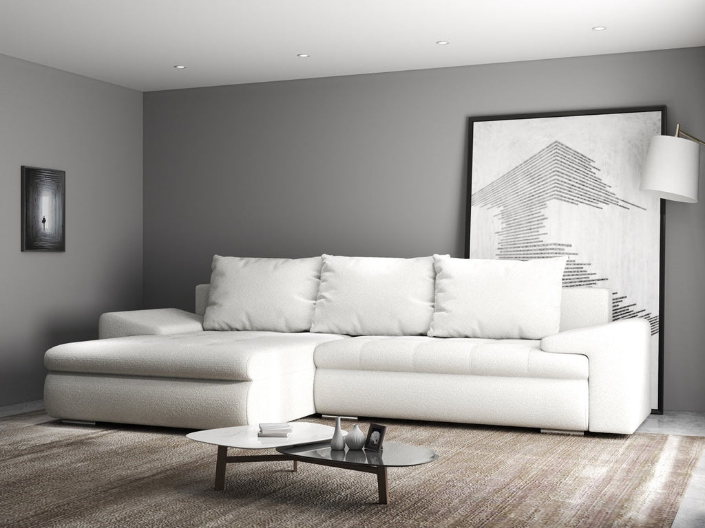 Colțar extensibil dumonde cu ladă de depozitare si sezut confortabil din spuma high-density, Leonardo Euphoria Ivory 260x185 cm